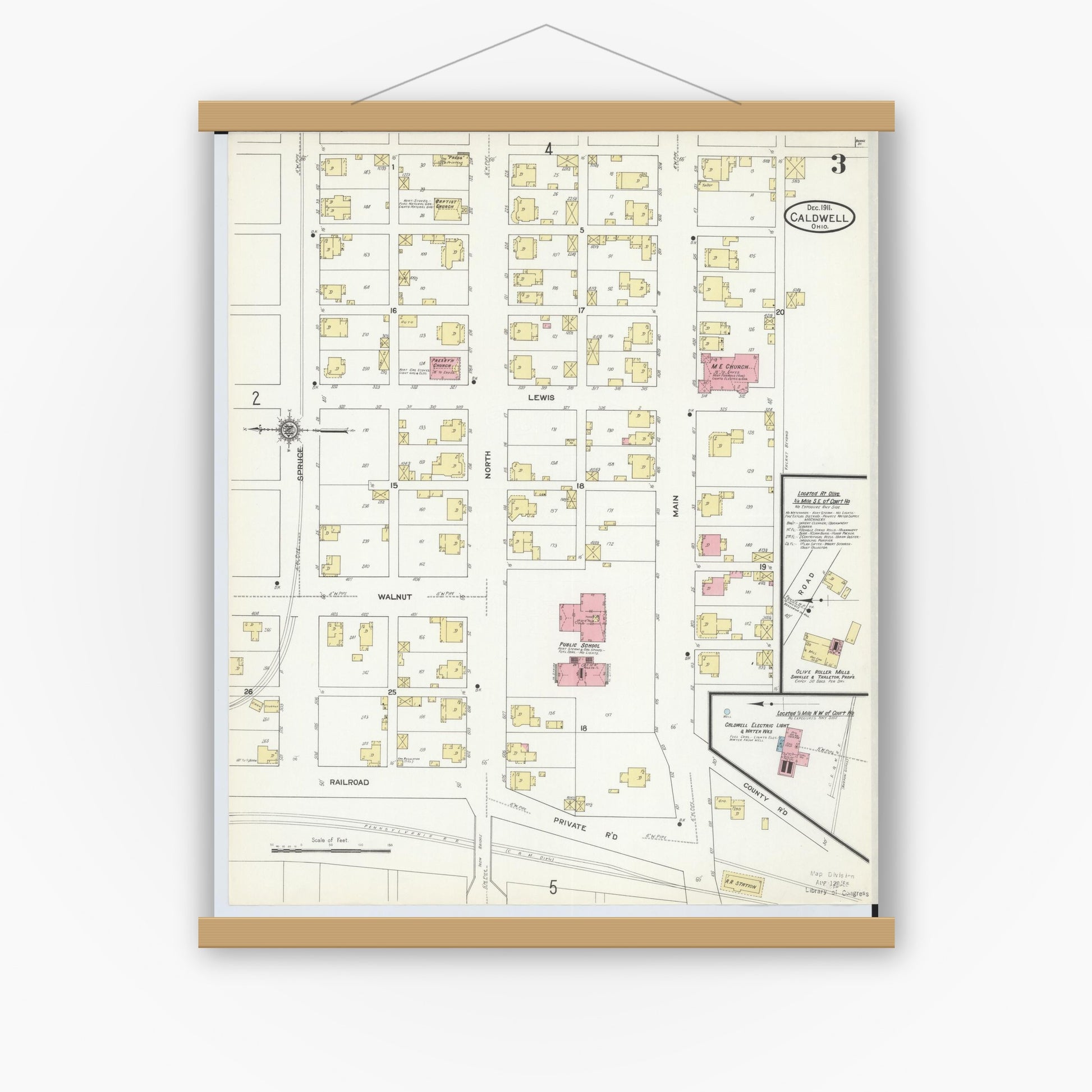 Old map wall art mockup — magnetic wood frame on white wall — Sanborn Fire Insurance Map from Caldwell, Noble County, Ohio (1911), Sheet #0003