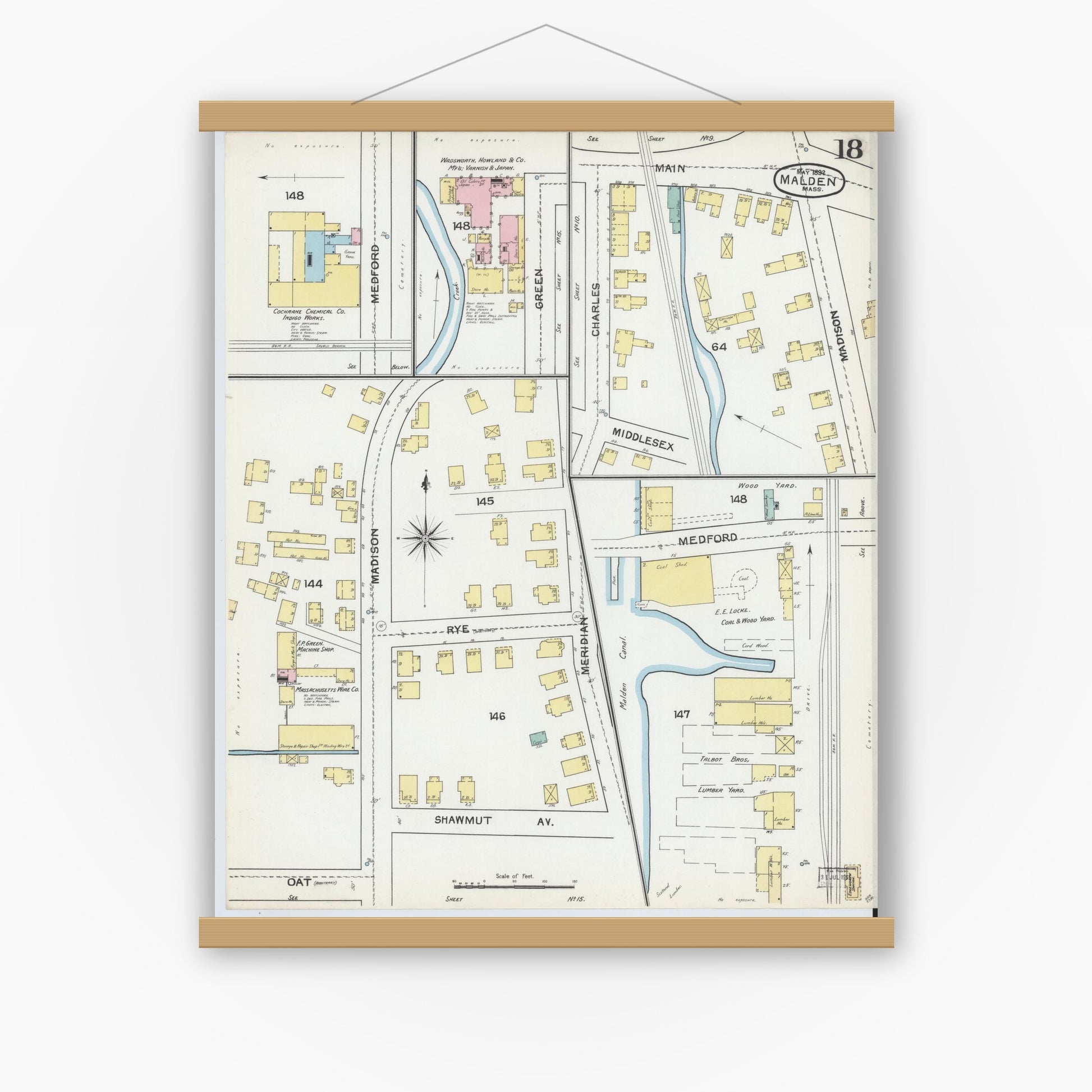 Old map wall art mockup — magnetic wood frame on white wall — Sanborn Fire Insurance Map from Malden, Middlesex County, Massachusetts (1892), Sheet #0018