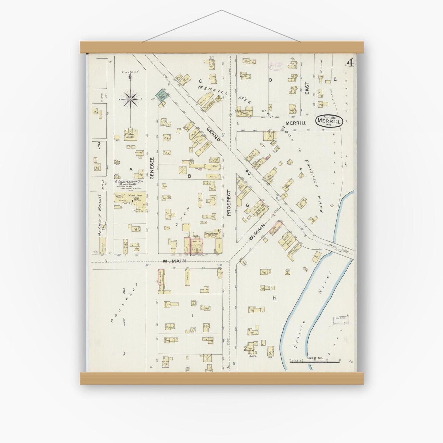 Old map wall art mockup — magnetic wood frame on white wall — Sanborn Fire Insurance Map from Merrill, Lincoln County, Wisconsin (1888), Sheet #0004