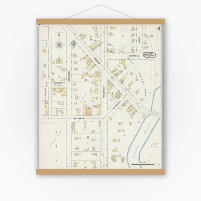 Old map wall art mockup — magnetic wood frame on white wall — Sanborn Fire Insurance Map from Merrill, Lincoln County, Wisconsin (1888), Sheet #0004