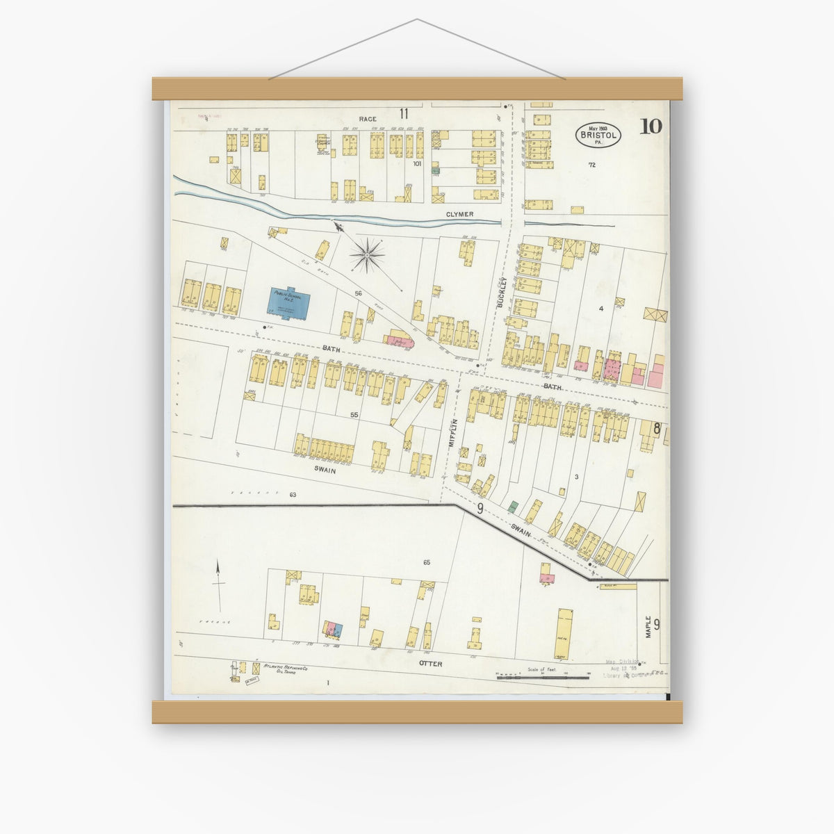 Old map wall art mockup — magnetic wood frame on white wall — Sanborn Fire Insurance Map from Bristol, Bucks County, Pennsylvania (1903), Sheet #0010