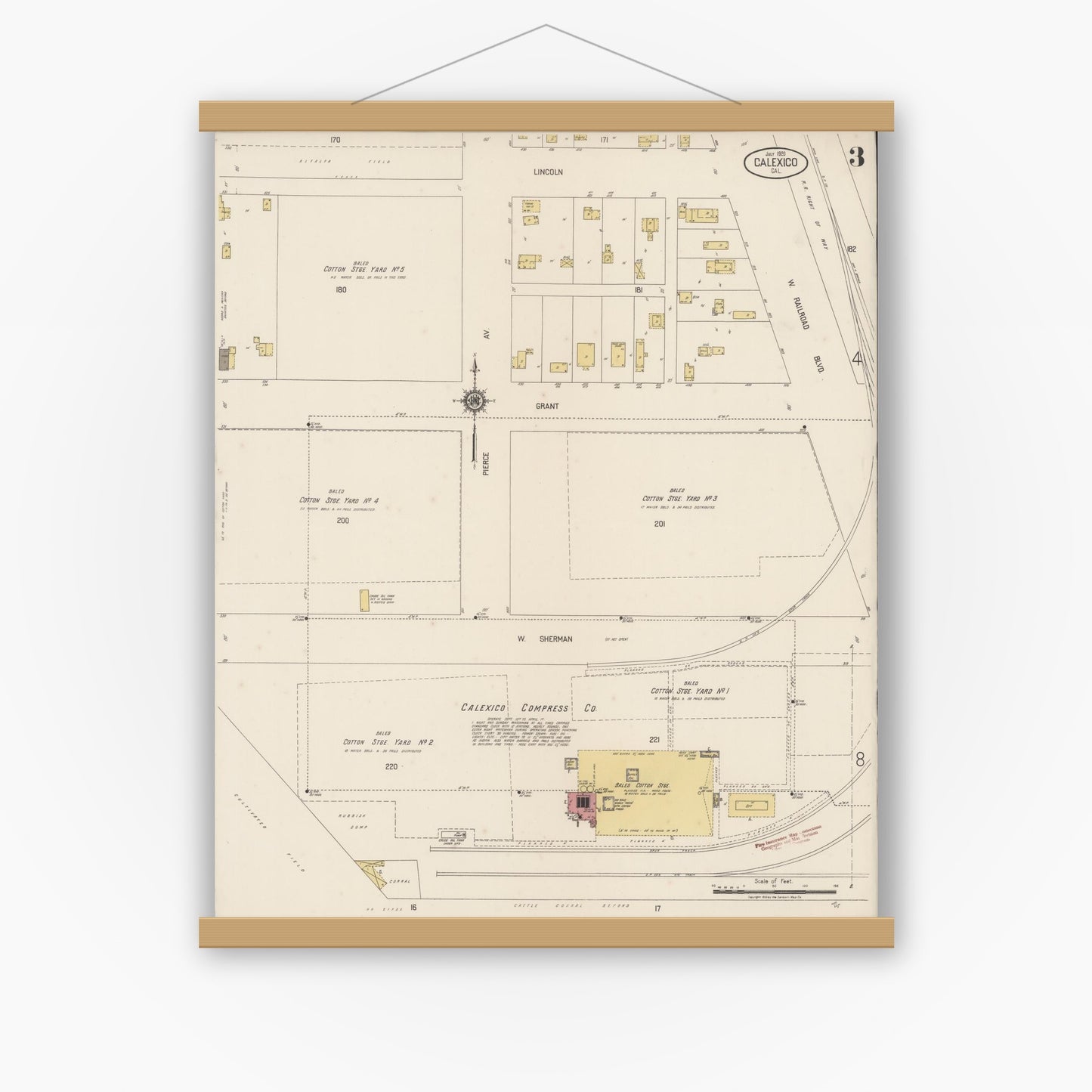 Old map wall art mockup — magnetic wood frame on white wall — Sanborn Fire Insurance Map from Calexico, Imperial County, California (1920), Sheet #0003