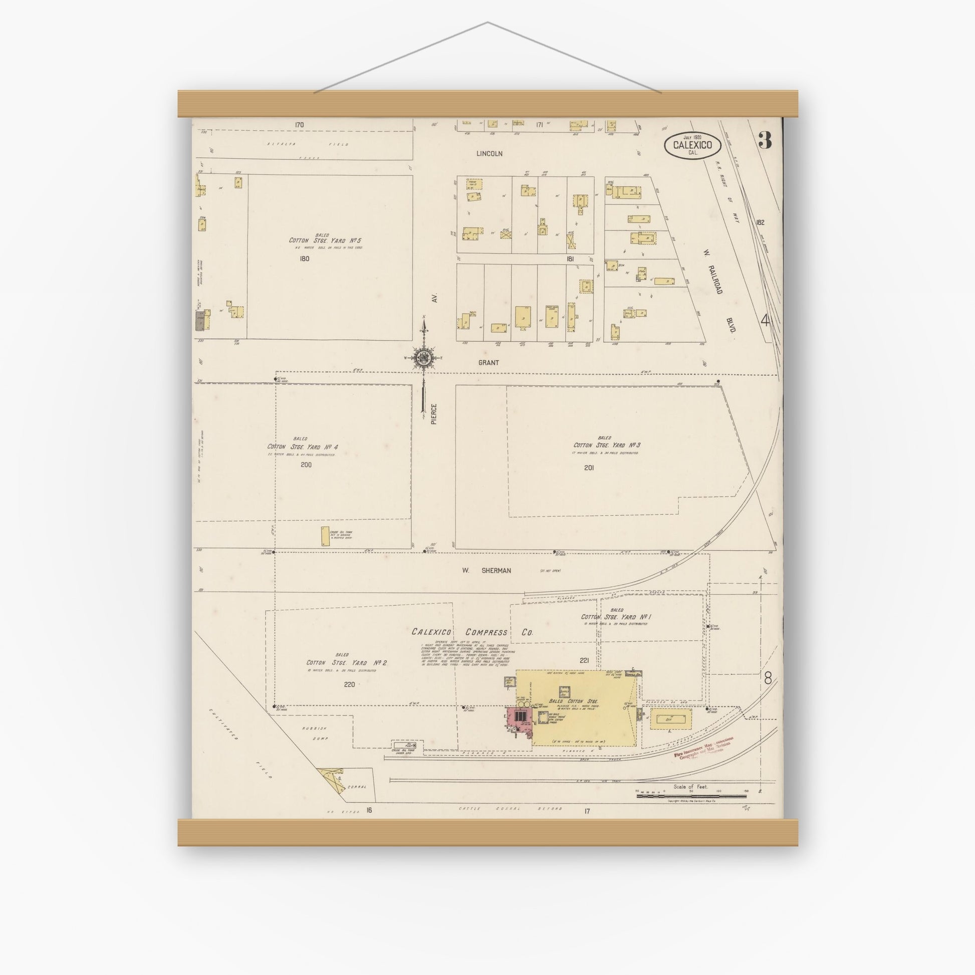 Old map wall art mockup — magnetic wood frame on white wall — Sanborn Fire Insurance Map from Calexico, Imperial County, California (1920), Sheet #0003