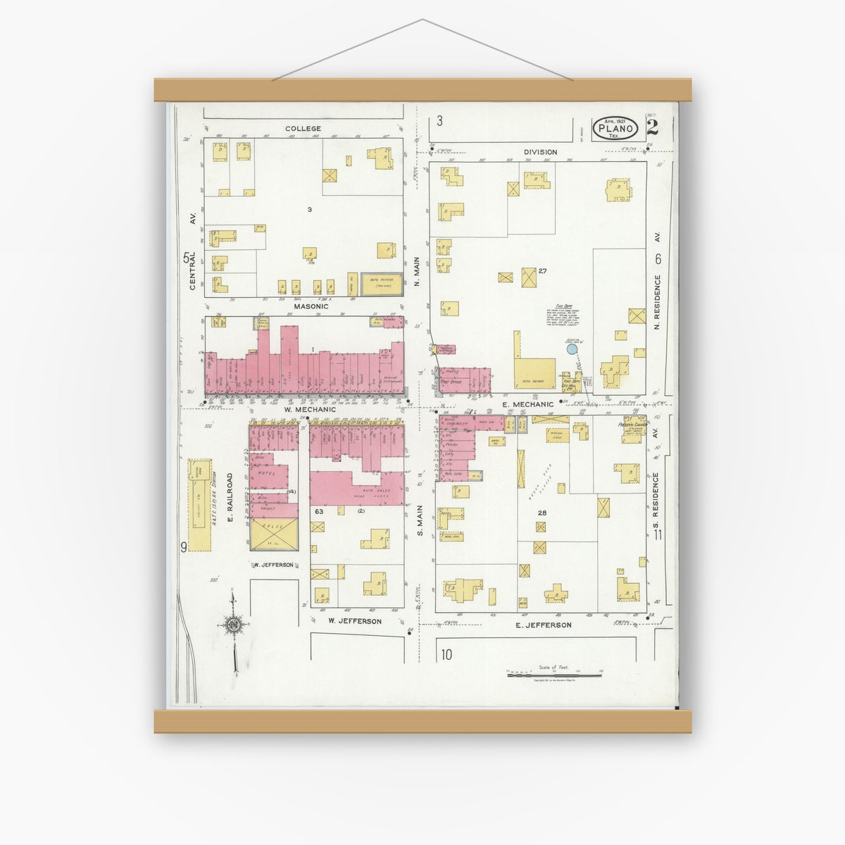 Old map wall art mockup — magnetic wood frame on white wall — Sanborn Fire Insurance Map from Plano, Collin County, Texas (1921), Sheet #0002