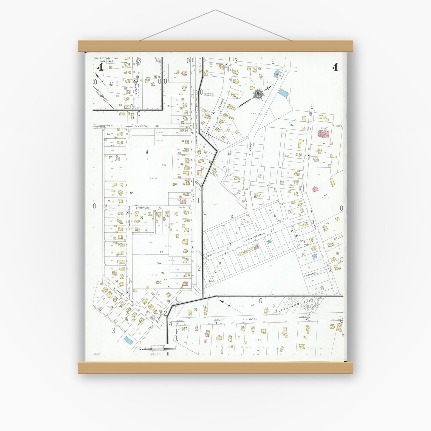 Old map wall art mockup — magnetic wood frame on white wall — Sanborn Fire Insurance Map from Doylestown, Wayne County, Ohio (1947), Sheet #0004