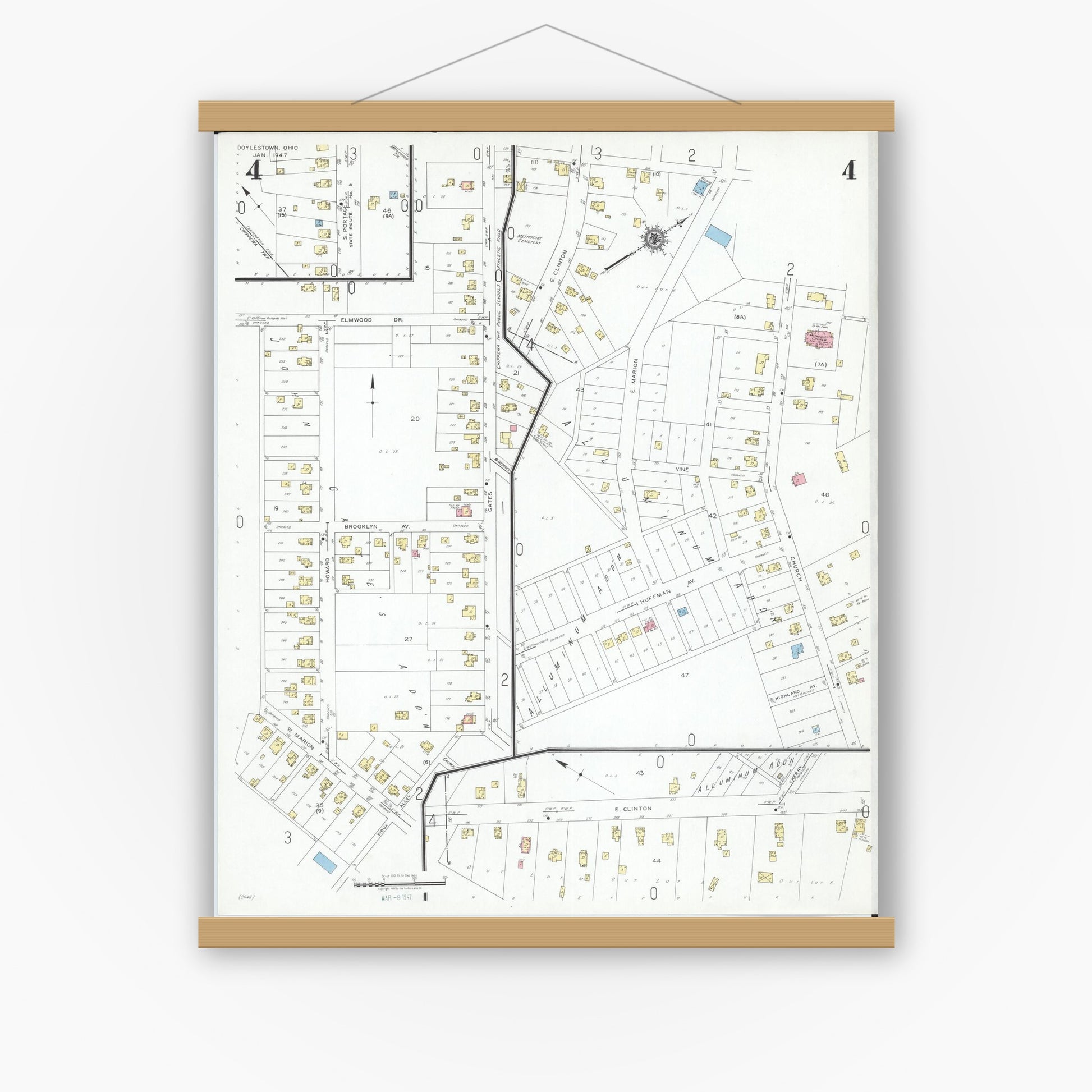 Old map wall art mockup — magnetic wood frame on white wall — Sanborn Fire Insurance Map from Doylestown, Wayne County, Ohio (1947), Sheet #0004