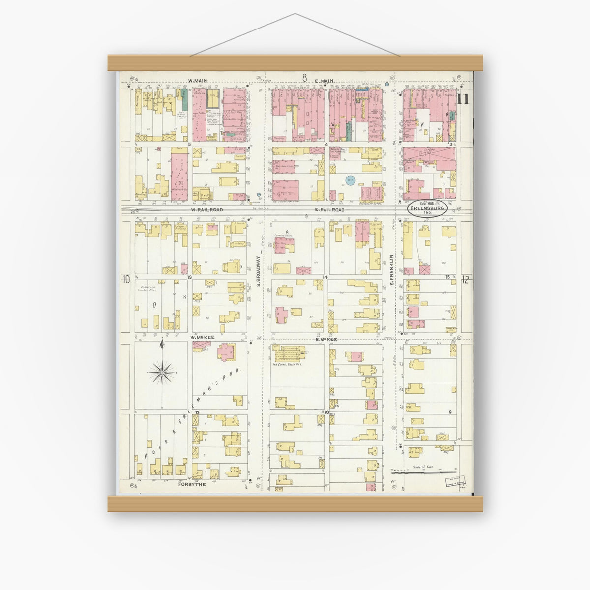 Old map wall art mockup — magnetic wood frame on white wall — Sanborn Fire Insurance Map from Greensburg, Decatur County, Indiana (1906), Sheet #0011