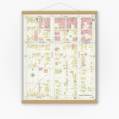 Old map wall art mockup — magnetic wood frame on white wall — Sanborn Fire Insurance Map from Greensburg, Decatur County, Indiana (1906), Sheet #0011