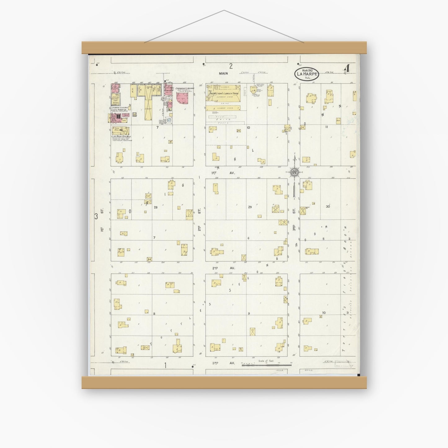 Old map wall art mockup — magnetic wood frame on white wall — Sanborn Fire Insurance Map from La Harpe, Hancock County, Illinois (1912), Sheet #0004