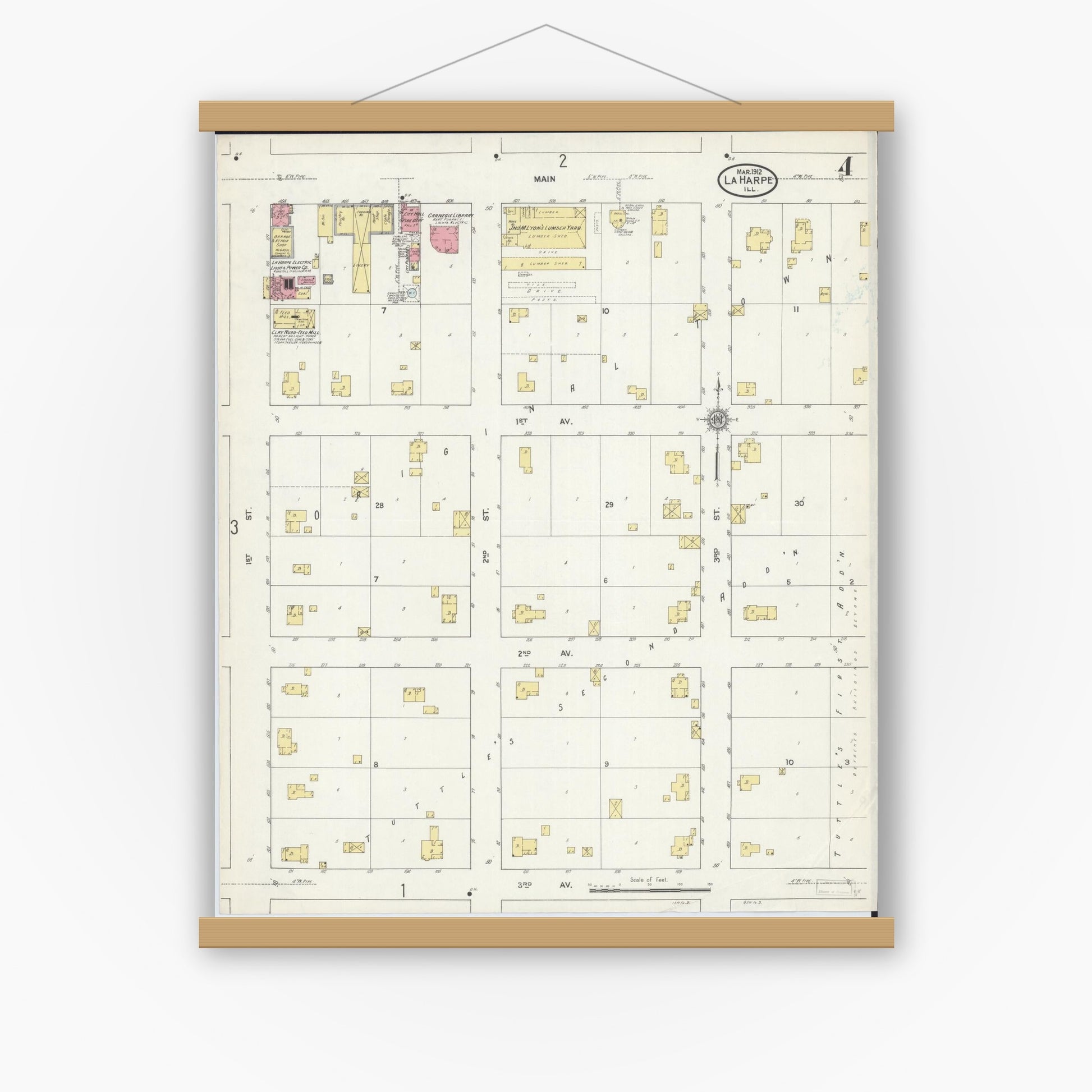 Old map wall art mockup — magnetic wood frame on white wall — Sanborn Fire Insurance Map from La Harpe, Hancock County, Illinois (1912), Sheet #0004