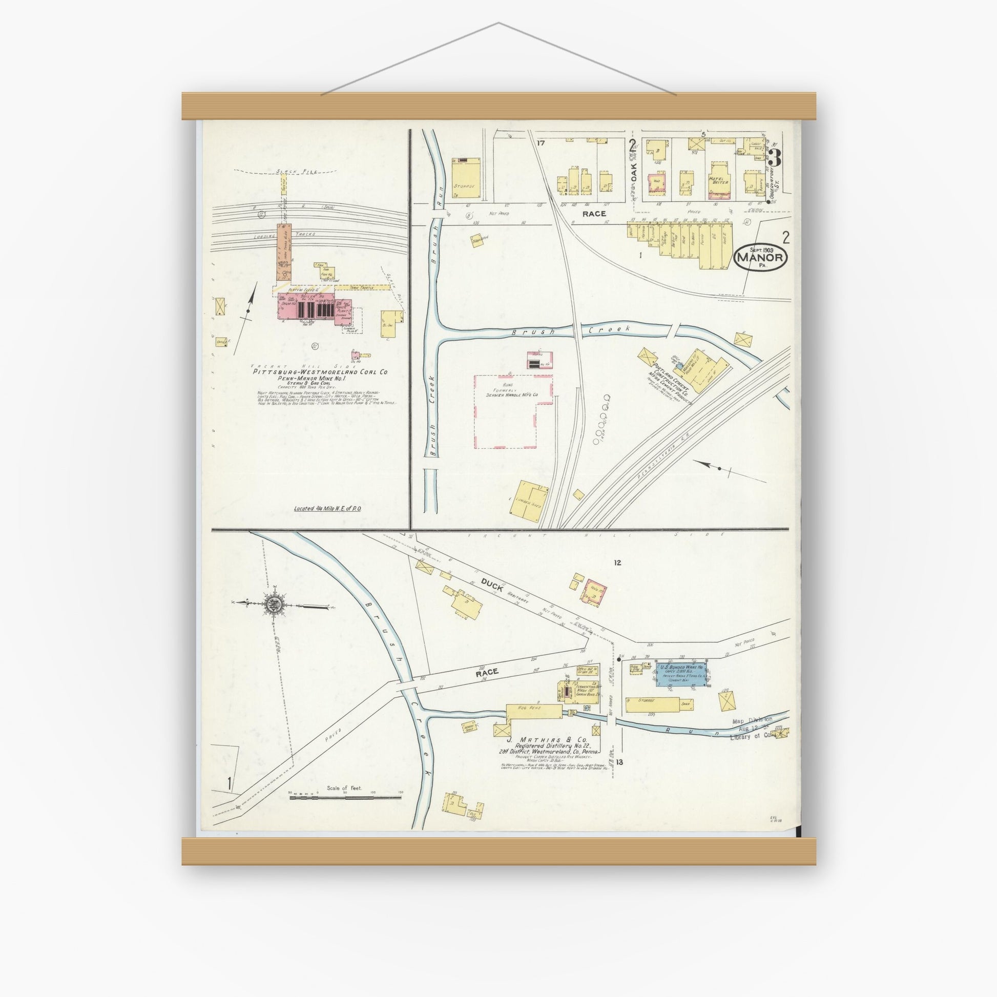 Old map wall art mockup — magnetic wood frame on white wall — Sanborn Fire Insurance Map from Manor, Westmoreland County, Pennsylvania (1909), Sheet #0003