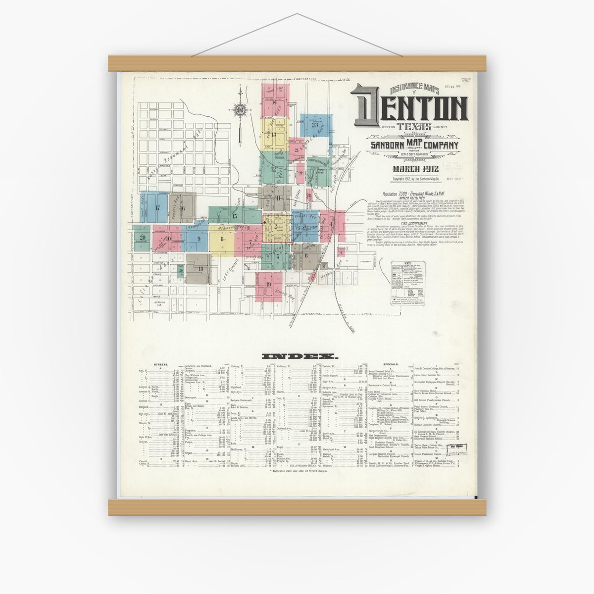 Old map wall art mockup — magnetic wood frame on white wall — Sanborn Fire Insurance Map from Denton, Denton County, Texas (1912) - Complete Map Set