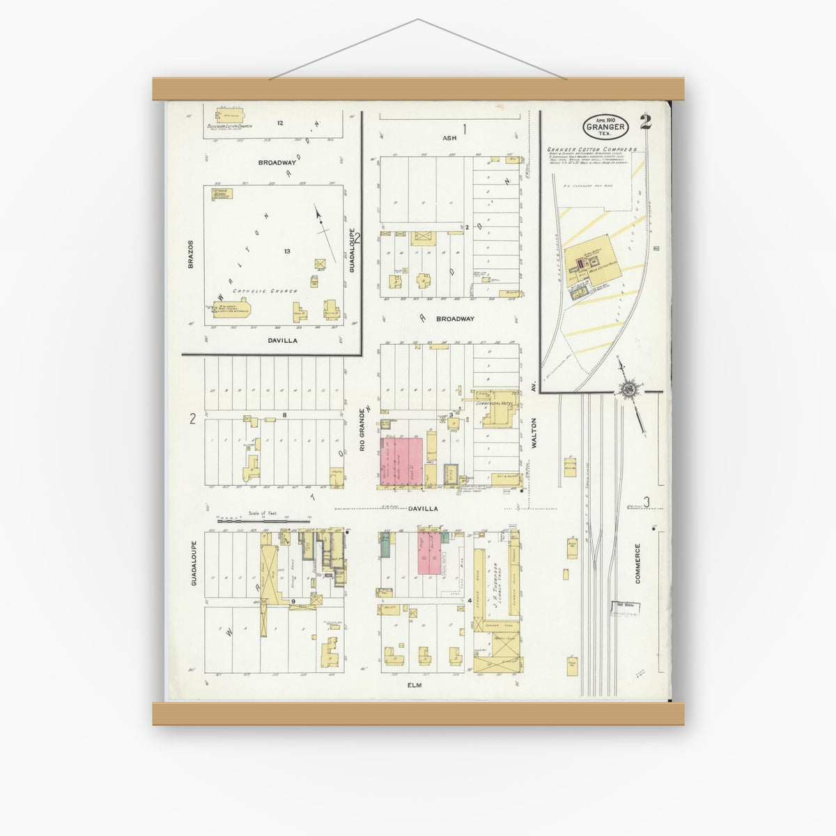 Old map wall art mockup — magnetic wood frame on white wall — Sanborn Fire Insurance Map from Granger, Williamson County, Texas (1910), Sheet #0002