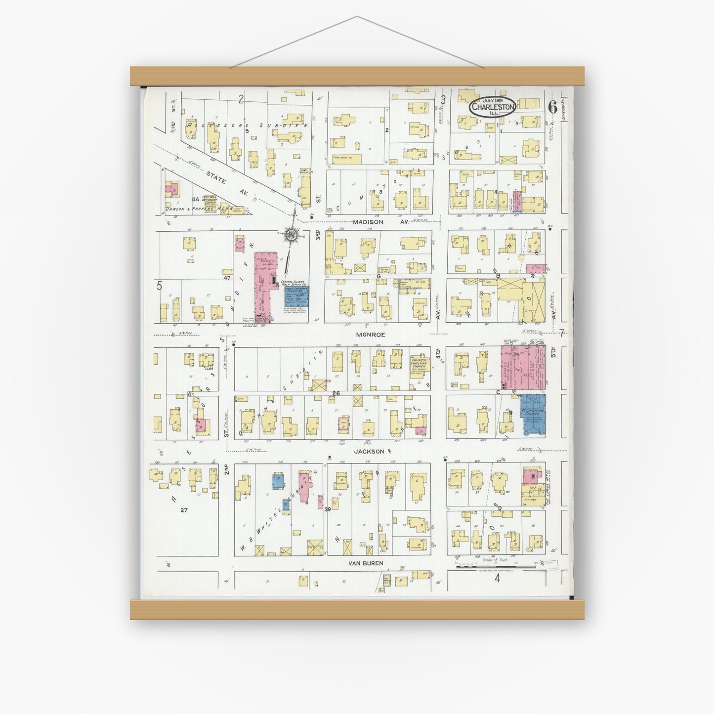 Old map wall art mockup — magnetic wood frame on white wall — Sanborn Fire Insurance Map from Charleston, Coles County, Illinois (1919), Sheet #0006