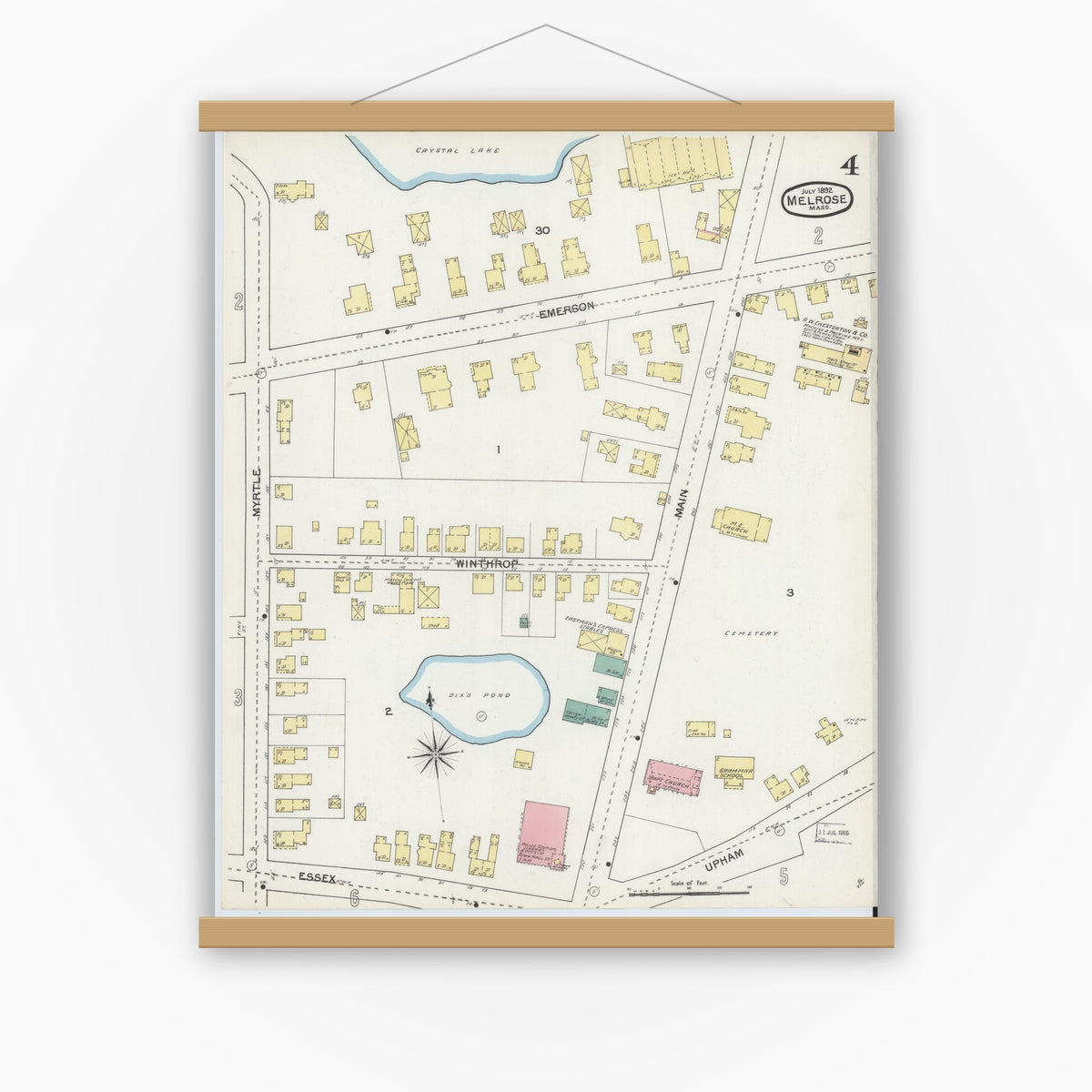 Old map wall art mockup — magnetic wood frame on white wall — Sanborn Fire Insurance Map from Melrose, Middlesex County, Massachusetts (1892), Sheet #0004