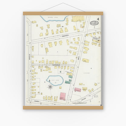 Old map wall art mockup — magnetic wood frame on white wall — Sanborn Fire Insurance Map from Melrose, Middlesex County, Massachusetts (1892), Sheet #0004