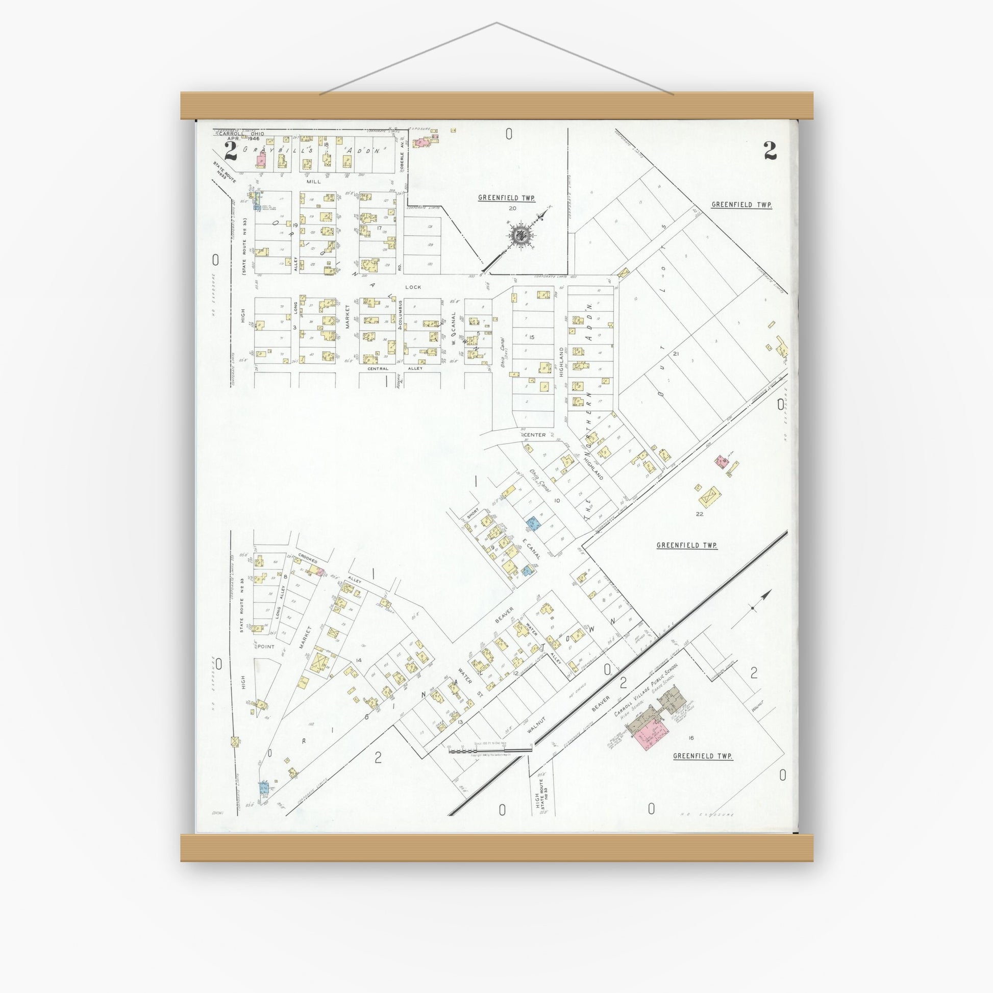 Old map wall art mockup — magnetic wood frame on white wall — Sanborn Fire Insurance Map from Carroll, Fairfield County, Ohio (1946), Sheet #0002