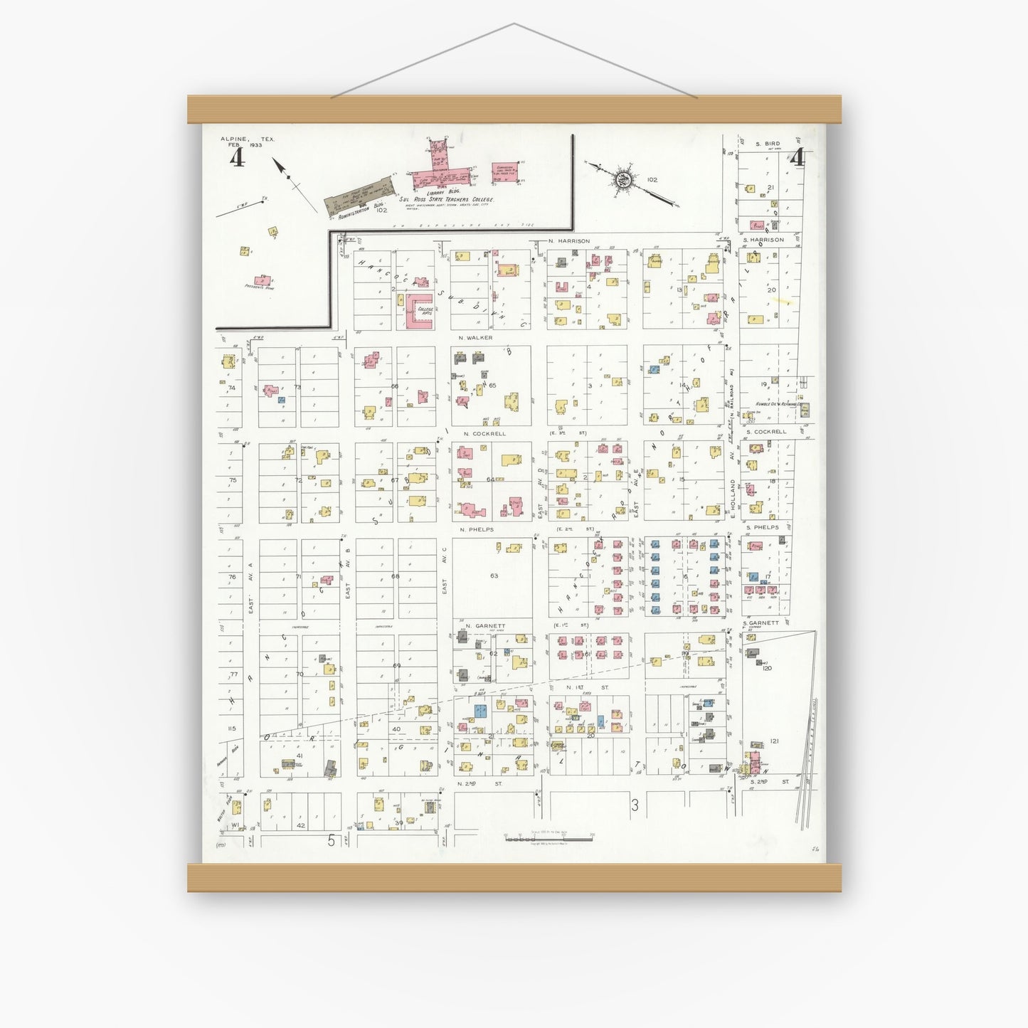 Old map wall art mockup — magnetic wood frame on white wall — Sanborn Fire Insurance Map from Alpine, Brewster County, Texas (1933), Sheet #0004