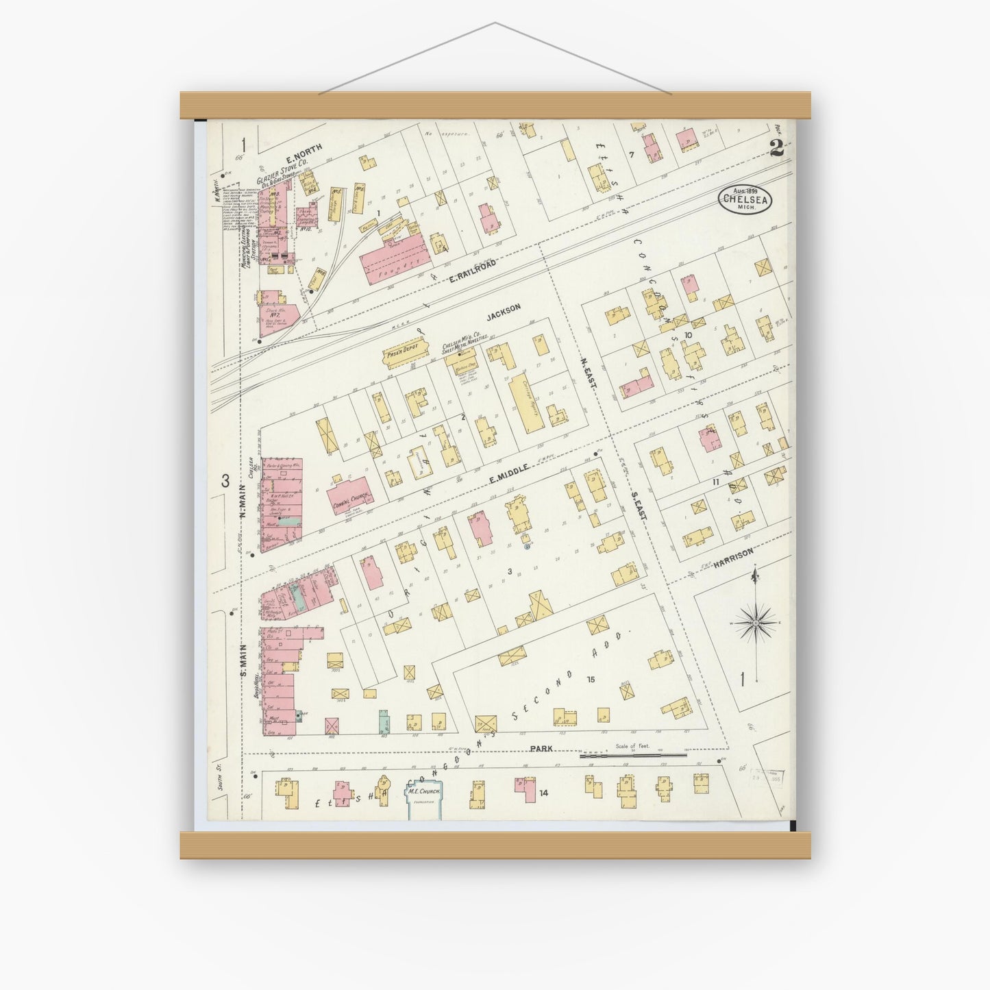 Old map wall art mockup — magnetic wood frame on white wall — Sanborn Fire Insurance Map from Chelsea, Washtenaw County, Michigan (1899), Sheet #0002