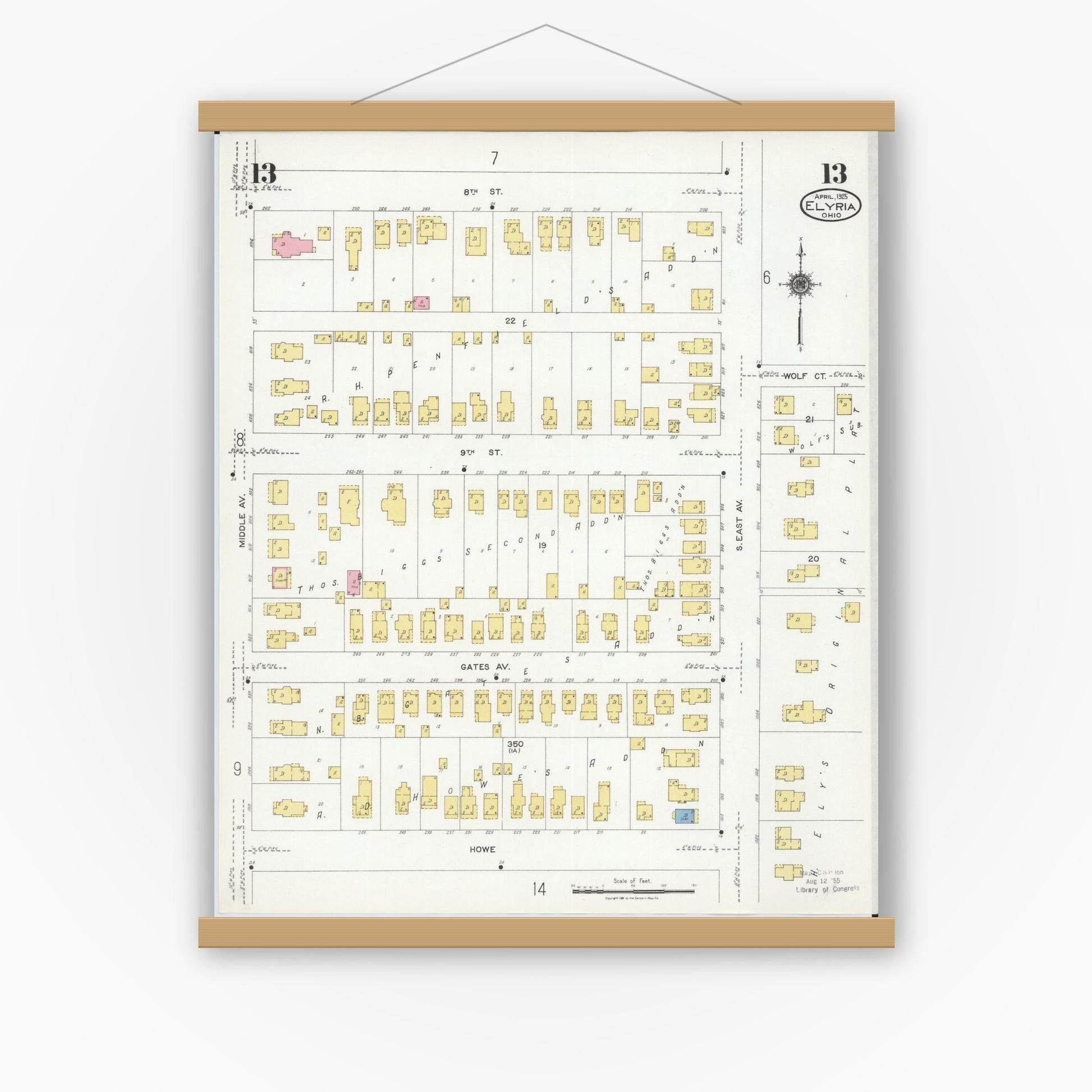 Old map wall art mockup — magnetic wood frame on white wall — Sanborn Fire Insurance Map from Elyria, Lorain County, Ohio (1925), Sheet #0013
