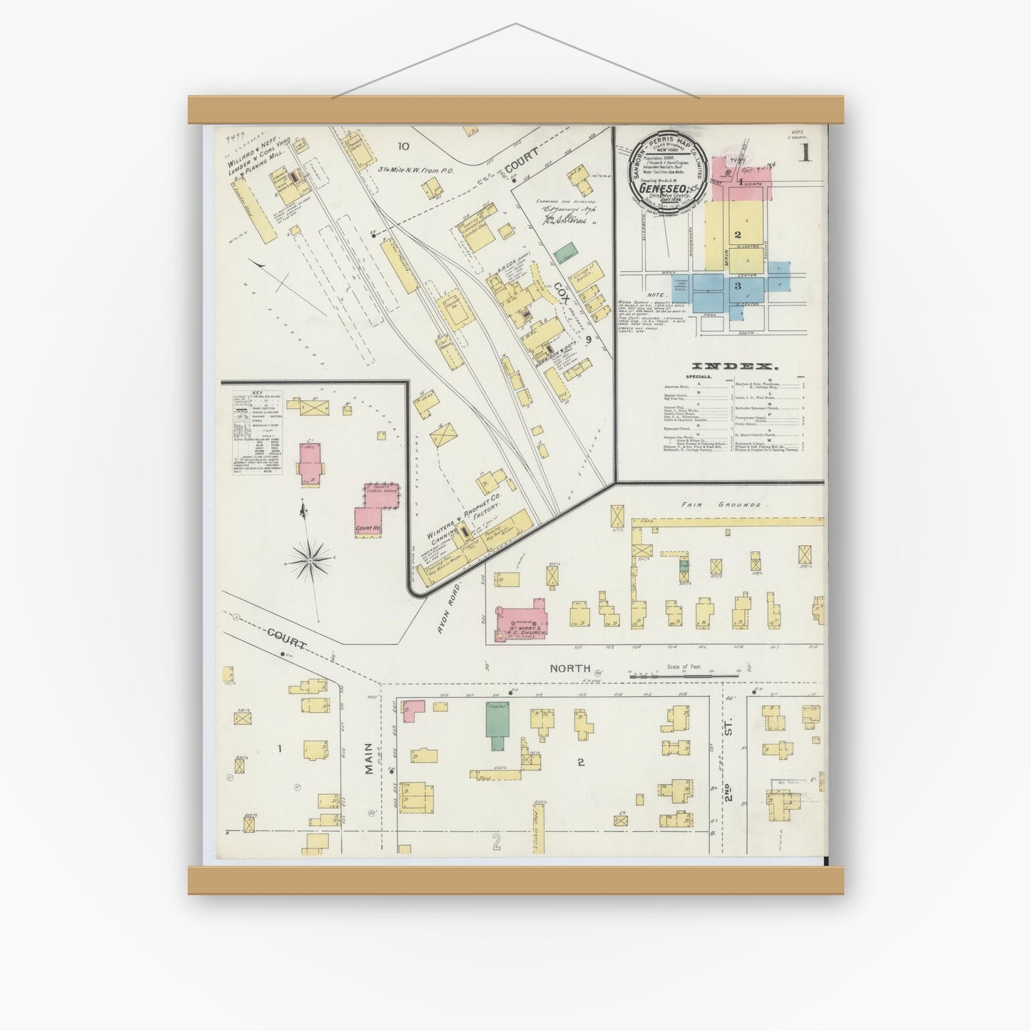 Old map wall art mockup — magnetic wood frame on white wall — Sanborn Fire Insurance Map from Geneseo, Livingston County, New York (1894), Sheet #0001