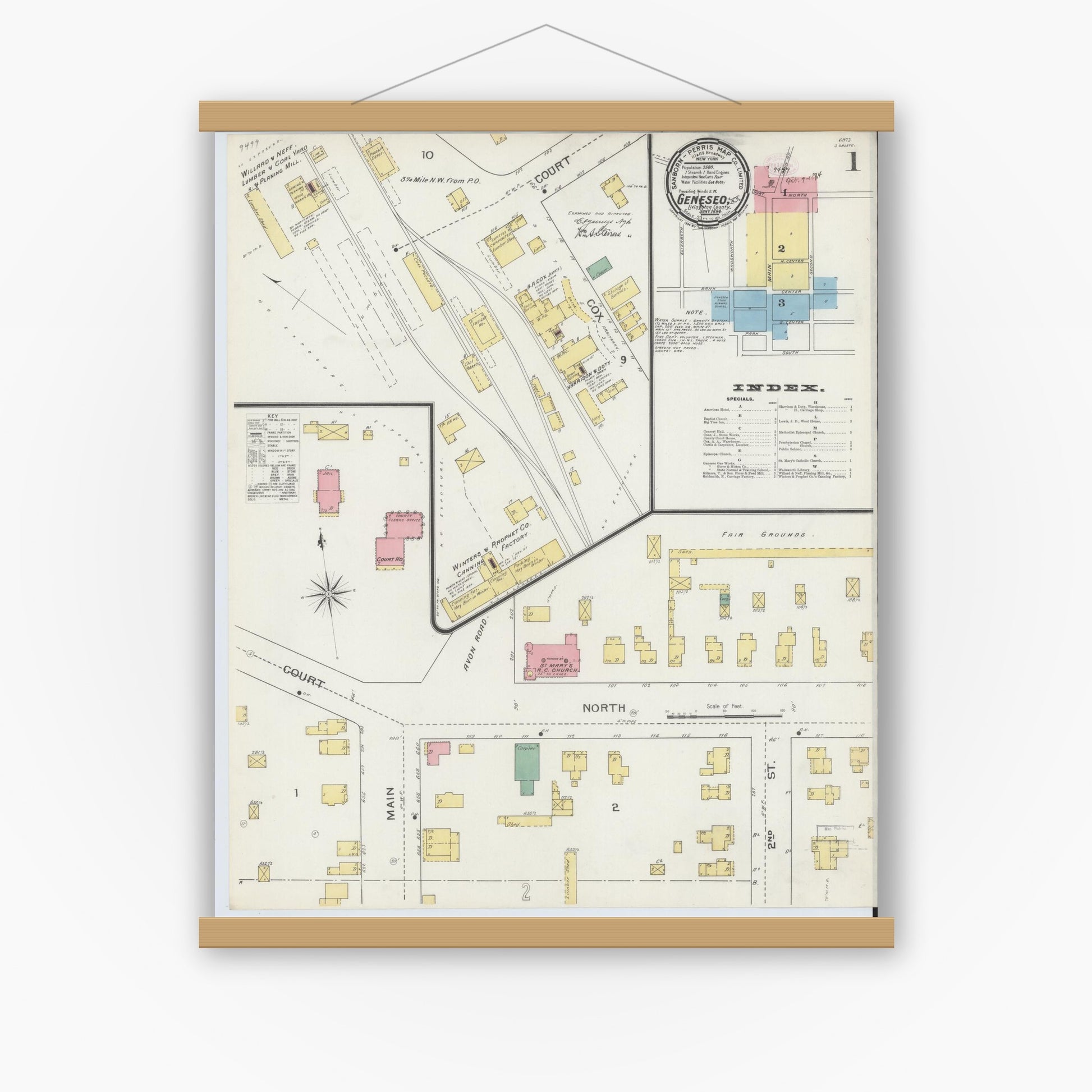 Old map wall art mockup — magnetic wood frame on white wall — Sanborn Fire Insurance Map from Geneseo, Livingston County, New York (1894), Sheet #0001