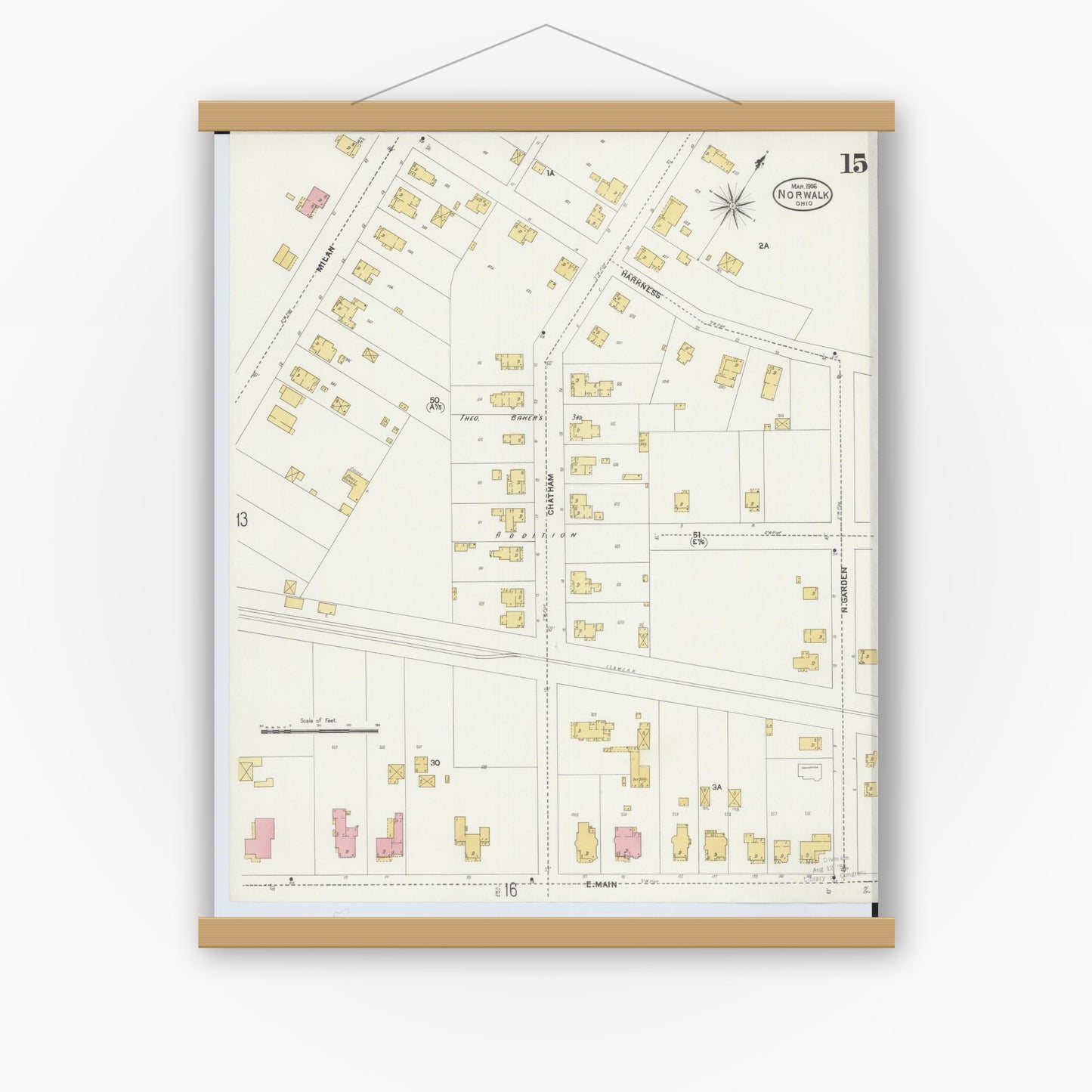 Old map wall art mockup — magnetic wood frame on white wall — Sanborn Fire Insurance Map from Norwalk, Huron County, Ohio (1906), Sheet #0015