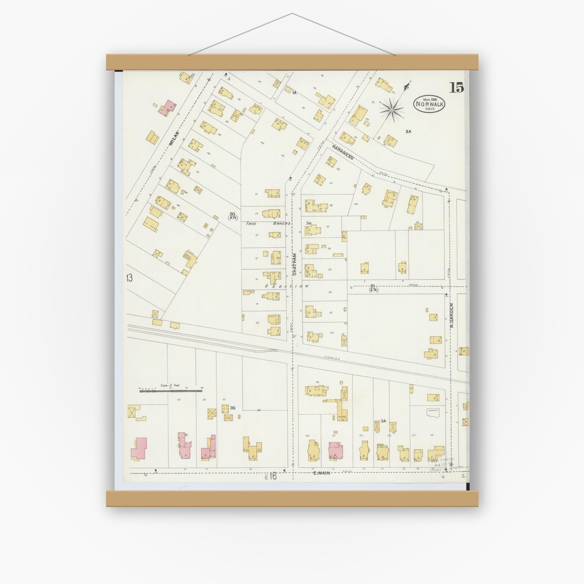 Old map wall art mockup — magnetic wood frame on white wall — Sanborn Fire Insurance Map from Norwalk, Huron County, Ohio (1906), Sheet #0015
