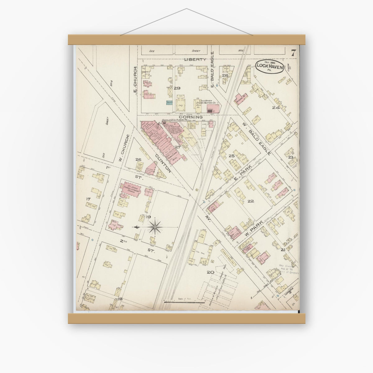 Old map wall art mockup — magnetic wood frame on white wall — Sanborn Fire Insurance Map from Lock Haven, Clinton County, Pennsylvania (1885), Sheet #0007
