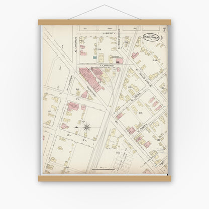 Old map wall art mockup — magnetic wood frame on white wall — Sanborn Fire Insurance Map from Lock Haven, Clinton County, Pennsylvania (1885), Sheet #0007