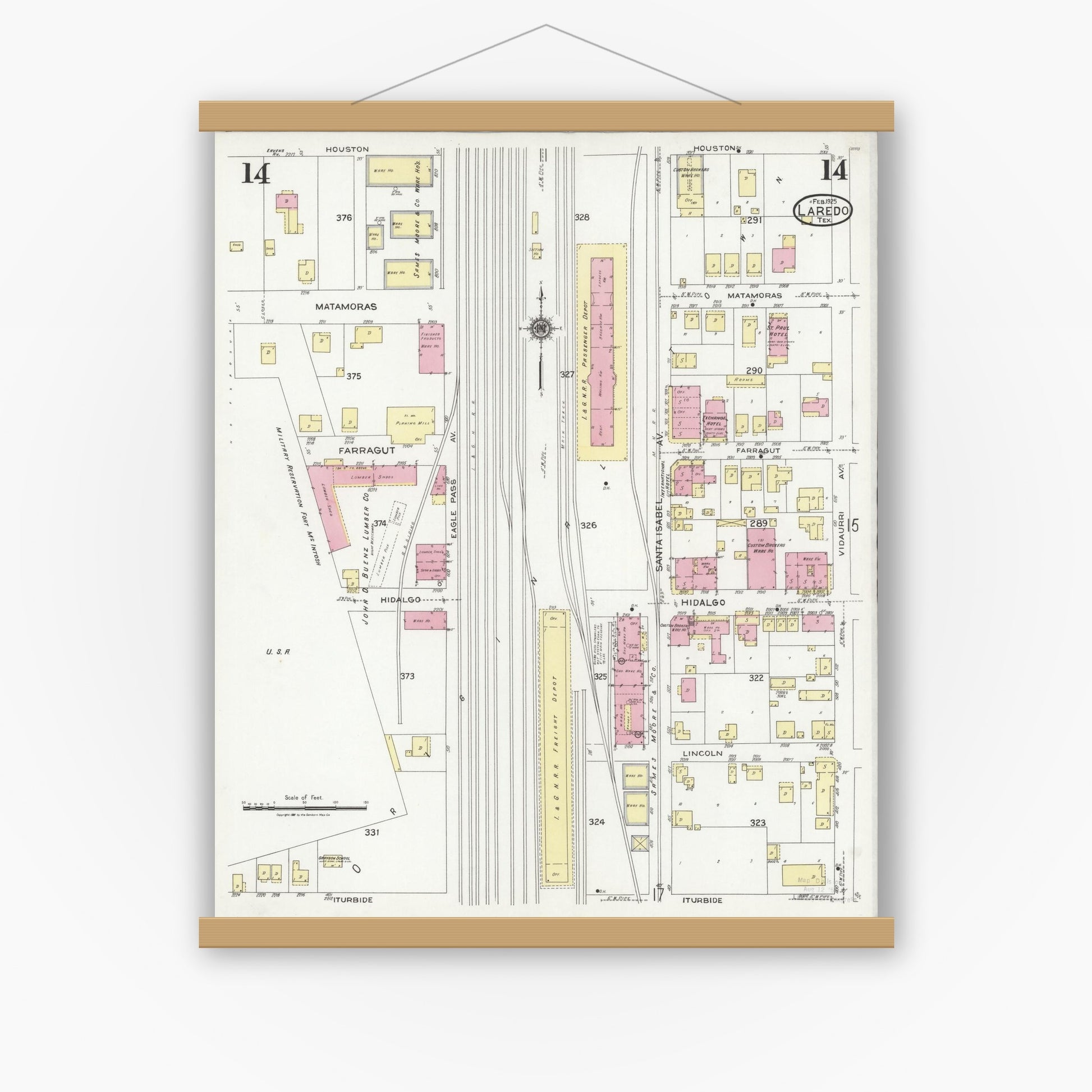 Old map wall art mockup — magnetic wood frame on white wall — Sanborn Fire Insurance Map from Laredo, Webb County, Texas (1925), Sheet #0014