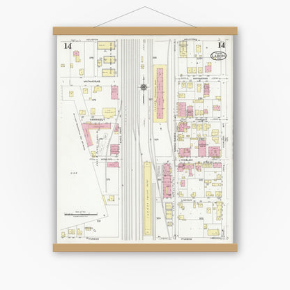 Old map wall art mockup — magnetic wood frame on white wall — Sanborn Fire Insurance Map from Laredo, Webb County, Texas (1925), Sheet #0014