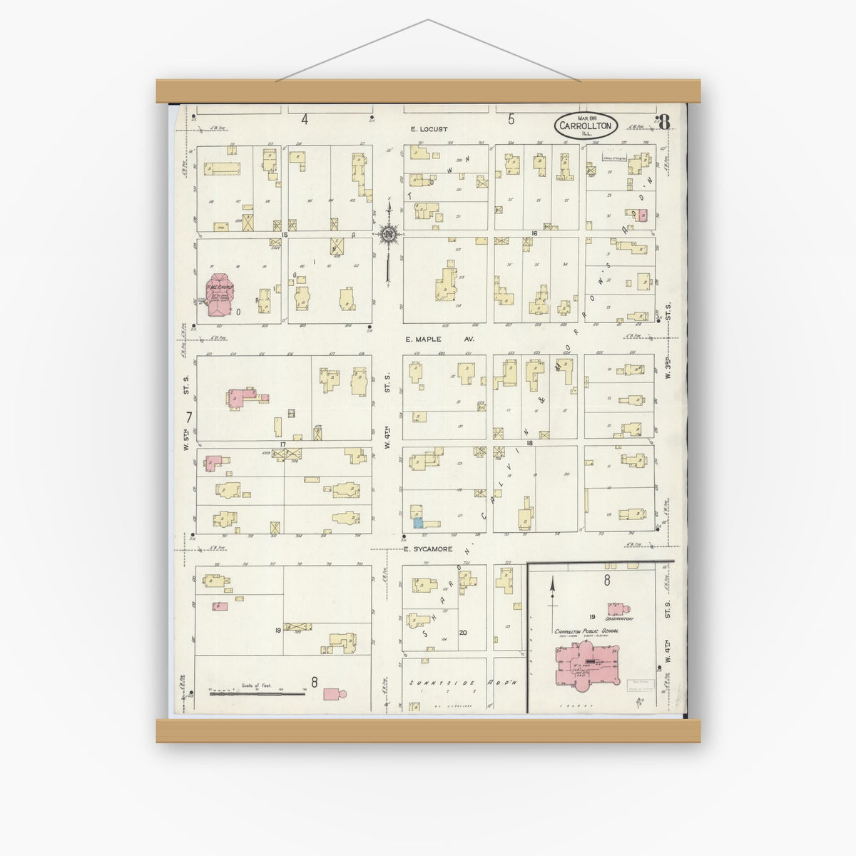 Old map wall art mockup — magnetic wood frame on white wall — Sanborn Fire Insurance Map from Carrollton, Greene County, Illinois (1914), Sheet #0008