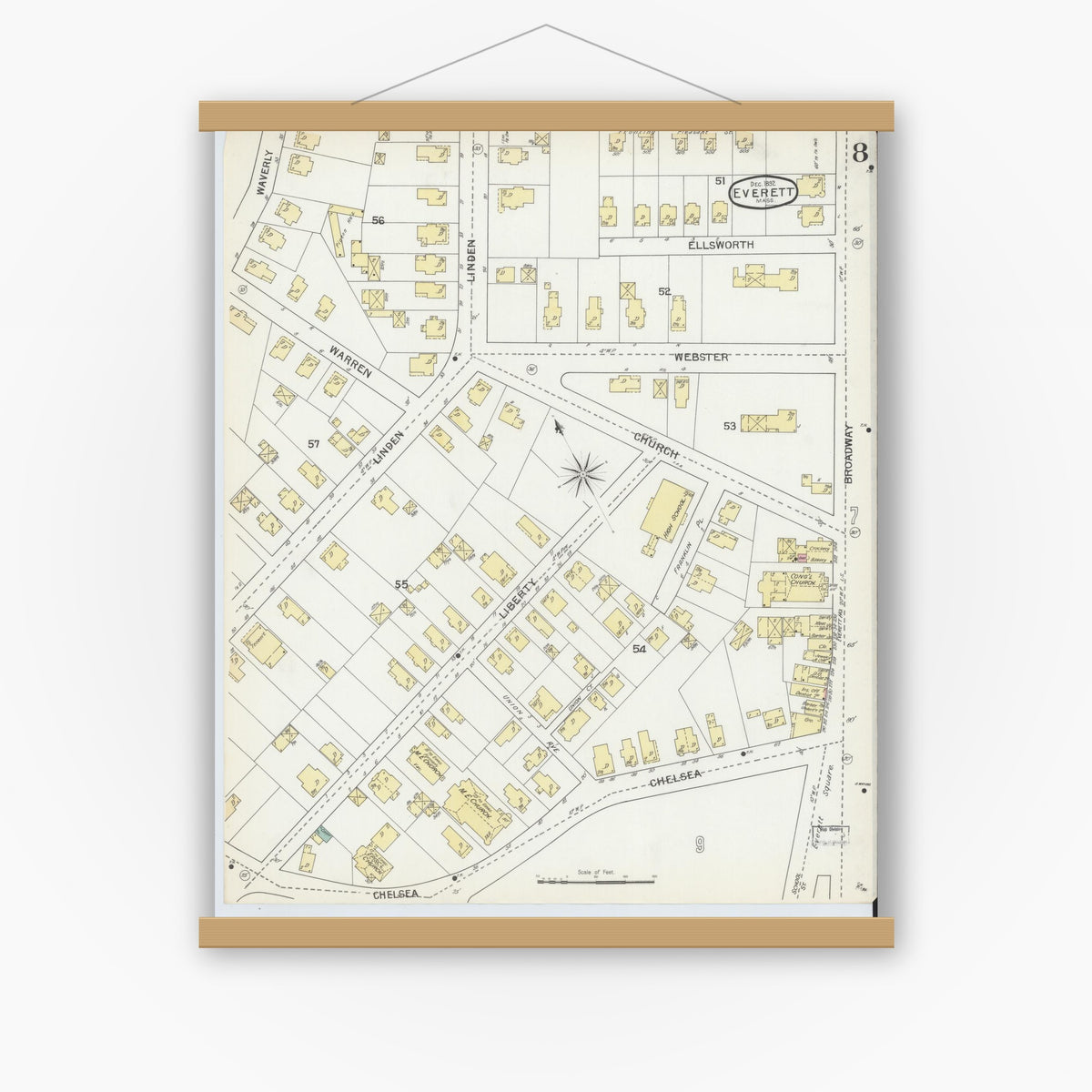 Old map wall art mockup — magnetic wood frame on white wall — Sanborn Fire Insurance Map from Everett, Middlesex County, Massachusetts (1892), Sheet #0008