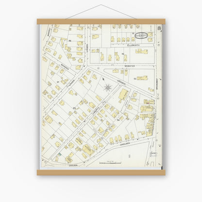 Old map wall art mockup — magnetic wood frame on white wall — Sanborn Fire Insurance Map from Everett, Middlesex County, Massachusetts (1892), Sheet #0008