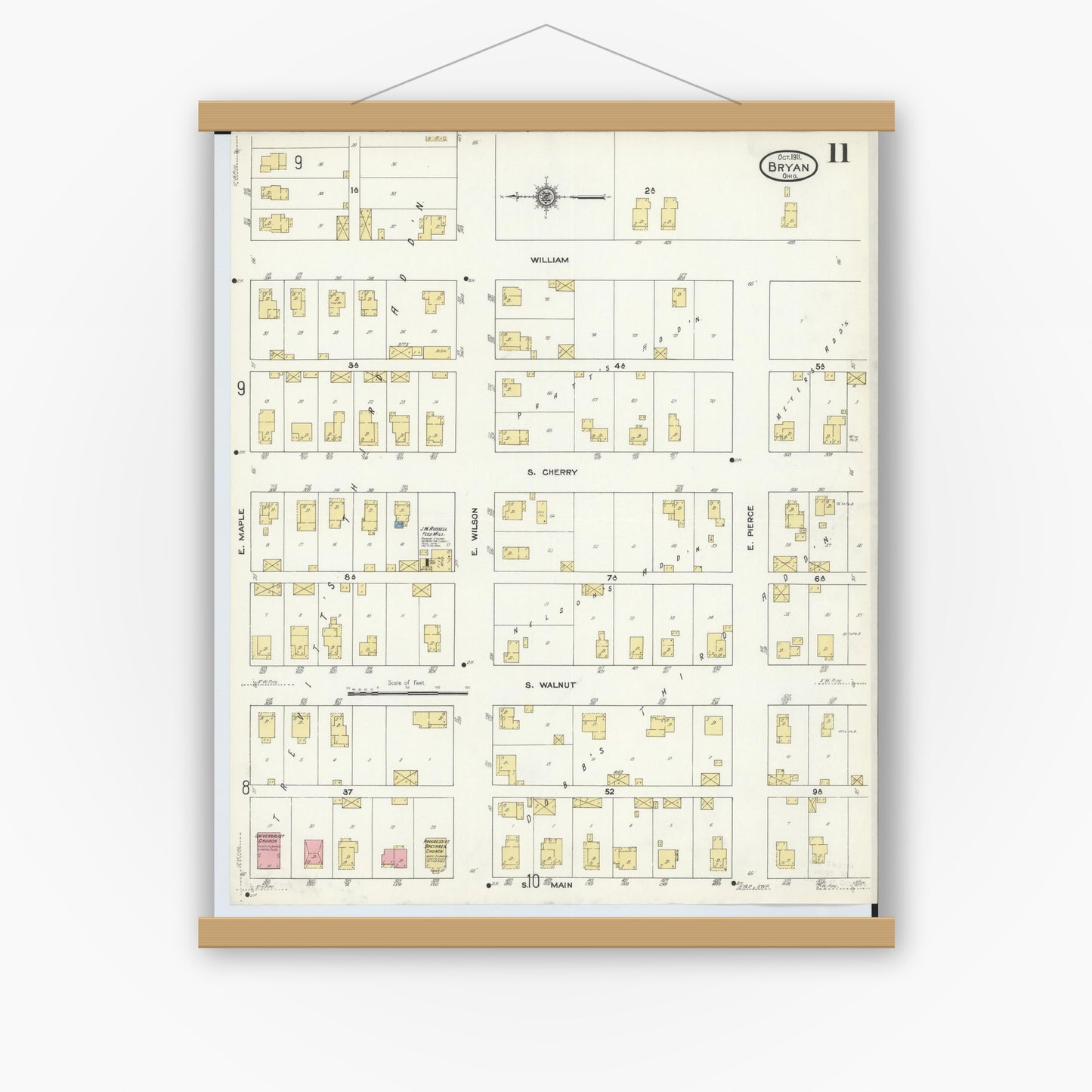 Old map wall art mockup — magnetic wood frame on white wall — Sanborn Fire Insurance Map from Bryan, Williams County, Ohio (1911), Sheet #0011