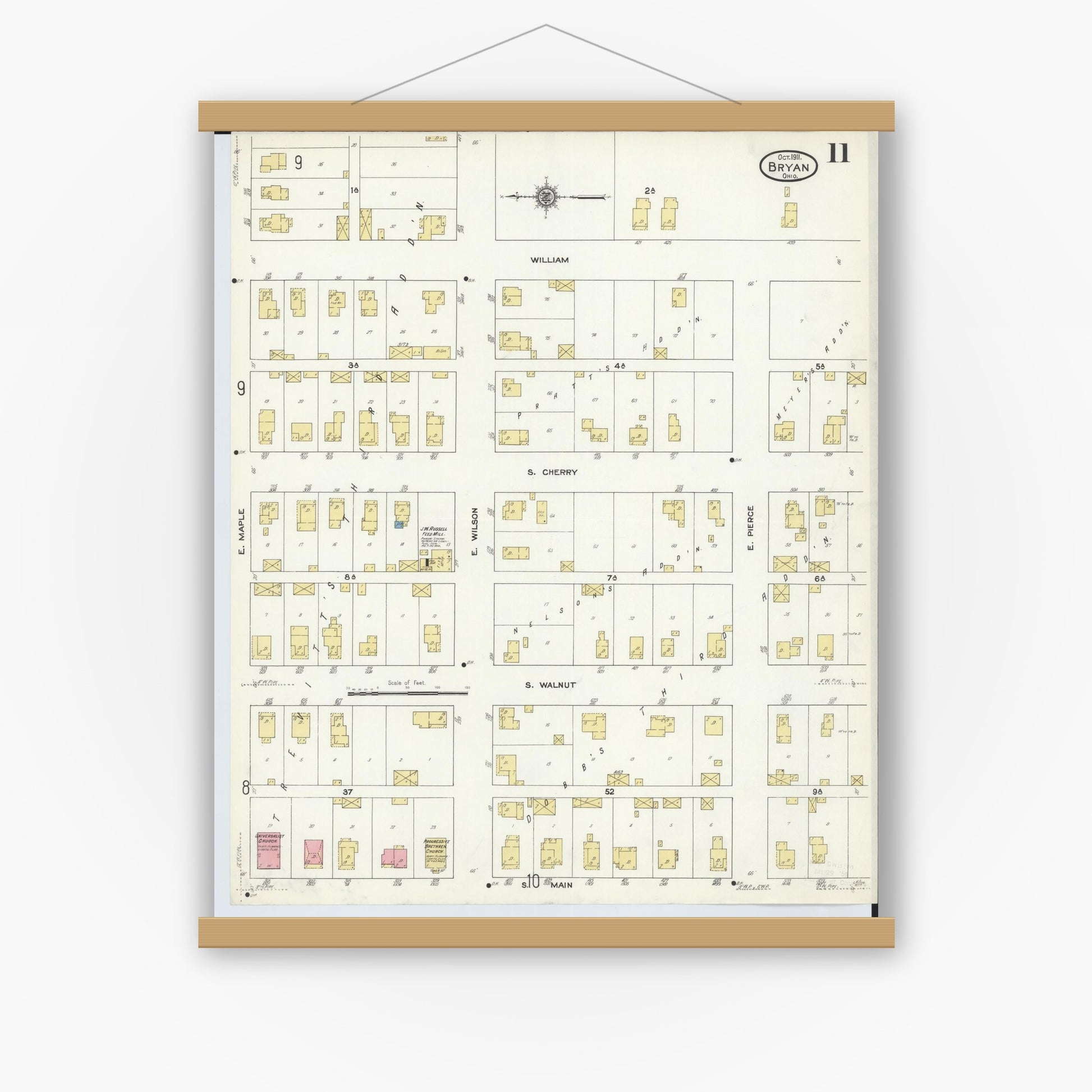 Old map wall art mockup — magnetic wood frame on white wall — Sanborn Fire Insurance Map from Bryan, Williams County, Ohio (1911), Sheet #0011