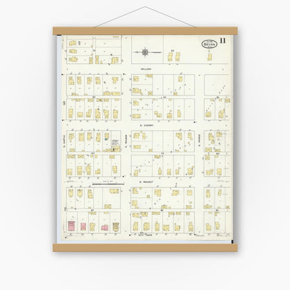 Old map wall art mockup — magnetic wood frame on white wall — Sanborn Fire Insurance Map from Bryan, Williams County, Ohio (1911), Sheet #0011