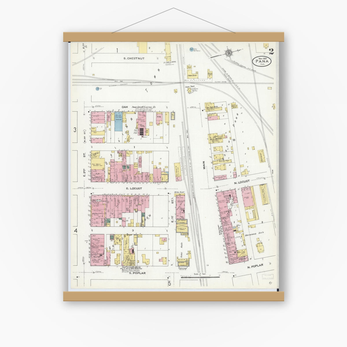 Old map wall art mockup — magnetic wood frame on white wall — Sanborn Fire Insurance Map from Pana, Christian County, Illinois (1909), Sheet #0002