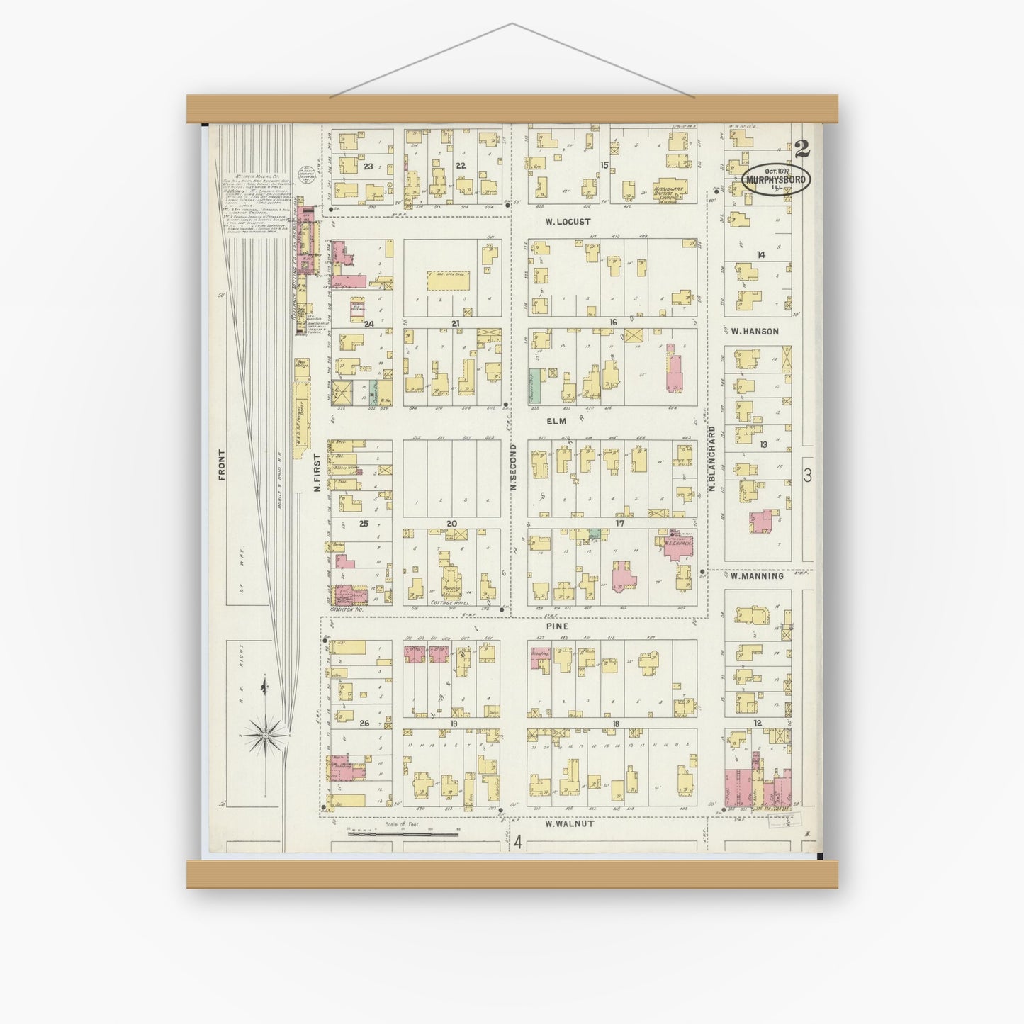 Old map wall art mockup — magnetic wood frame on white wall — Sanborn Fire Insurance Map from Murphysboro, Jackson County, Illinois (1897), Sheet #0002