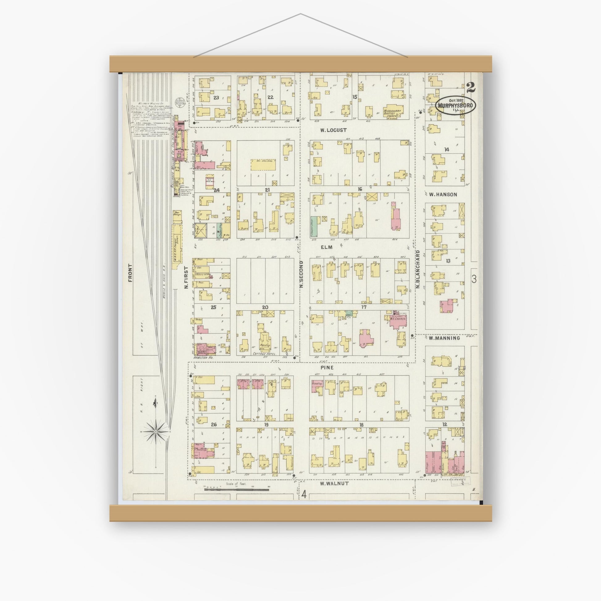 Old map wall art mockup — magnetic wood frame on white wall — Sanborn Fire Insurance Map from Murphysboro, Jackson County, Illinois (1897), Sheet #0002