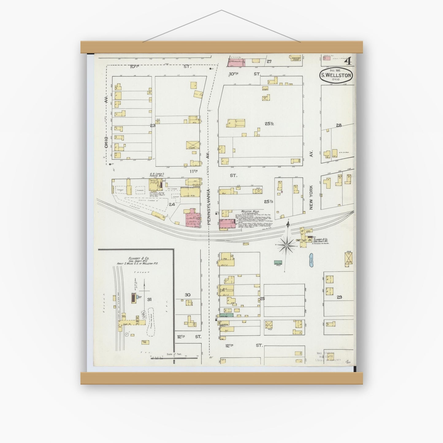 Old map wall art mockup — magnetic wood frame on white wall — Sanborn Fire Insurance Map from Wellston, Jackson County, Ohio (1892), Sheet #0004