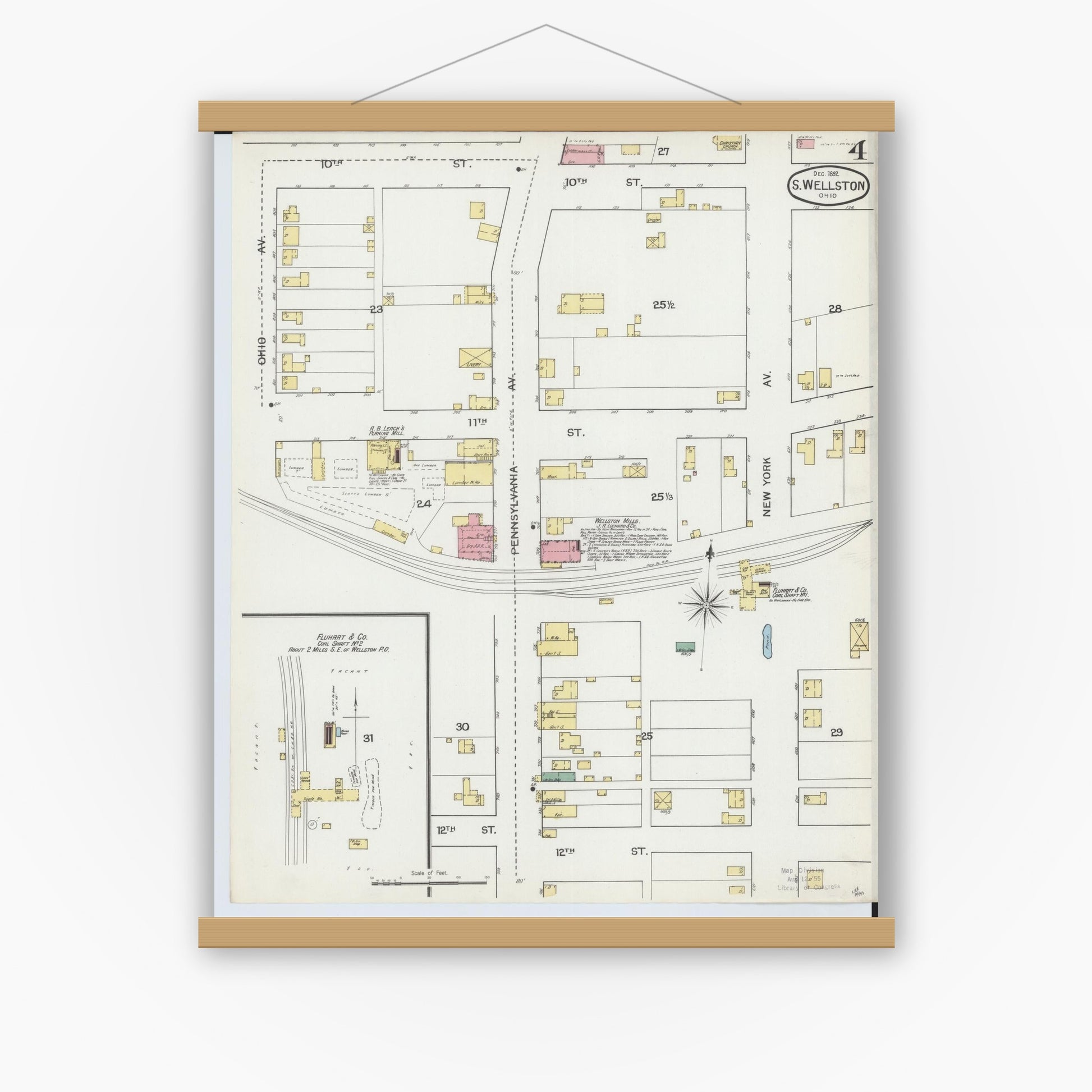 Old map wall art mockup — magnetic wood frame on white wall — Sanborn Fire Insurance Map from Wellston, Jackson County, Ohio (1892), Sheet #0004