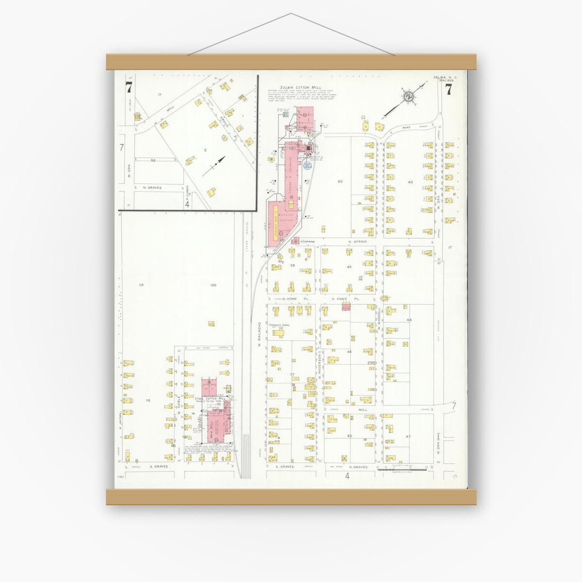 Old map wall art mockup — magnetic wood frame on white wall — Sanborn Fire Insurance Map from Selma, Johnston County, North Carolina (1933), Sheet #0007