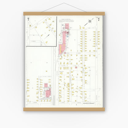 Old map wall art mockup — magnetic wood frame on white wall — Sanborn Fire Insurance Map from Selma, Johnston County, North Carolina (1933), Sheet #0007