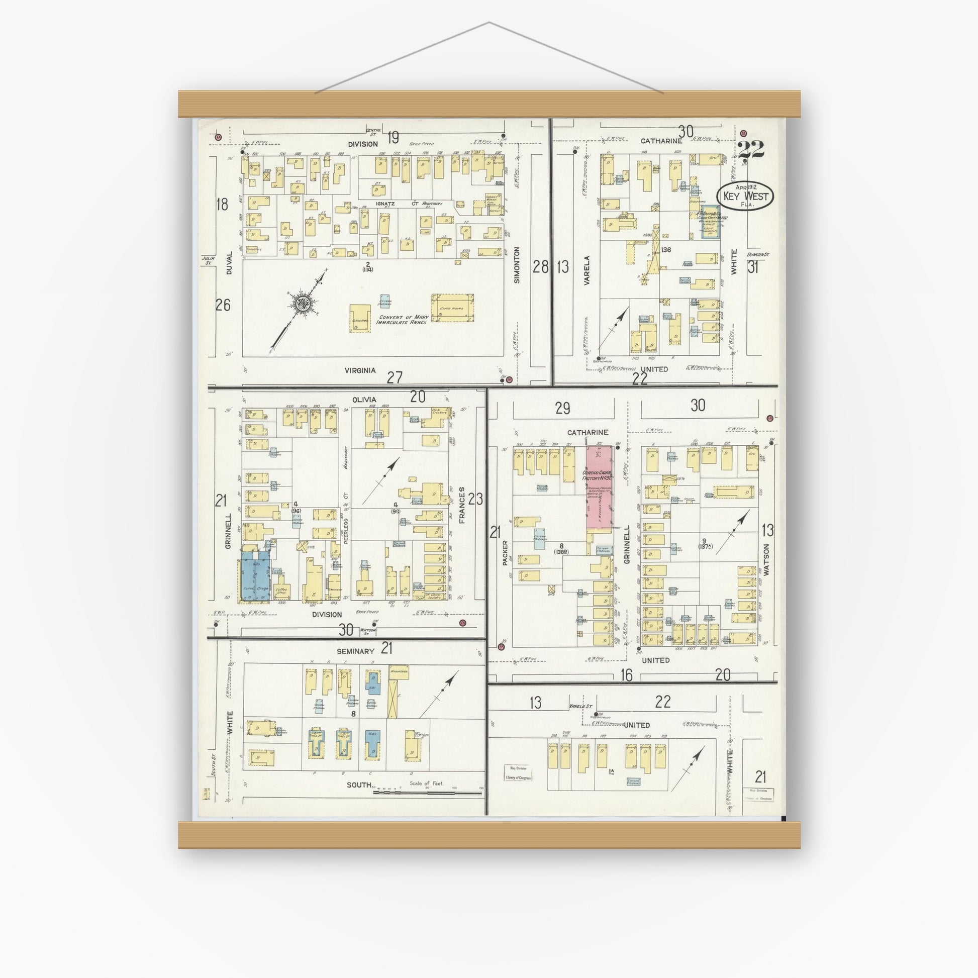 Old map wall art mockup — magnetic wood frame on white wall — Sanborn Fire Insurance Map from Key West, Monroe County, Florida (1912), Sheet #0022