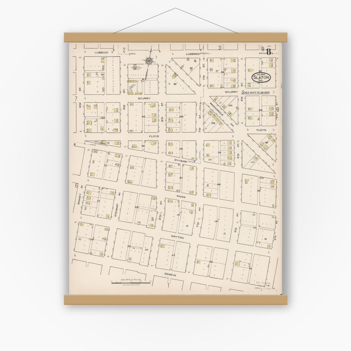 Old map wall art mockup — magnetic wood frame on white wall — Sanborn Fire Insurance Map from Slaton, Lubbock County, Texas (1922), Sheet #0008