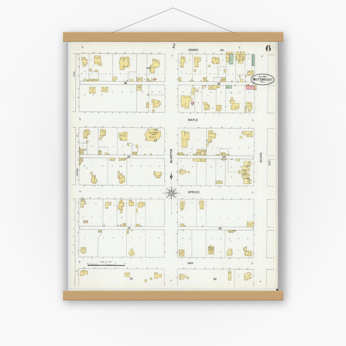 Old map wall art mockup — magnetic wood frame on white wall — Sanborn Fire Insurance Map from Whitewright, Grayson County, Texas (1900), Sheet #0006