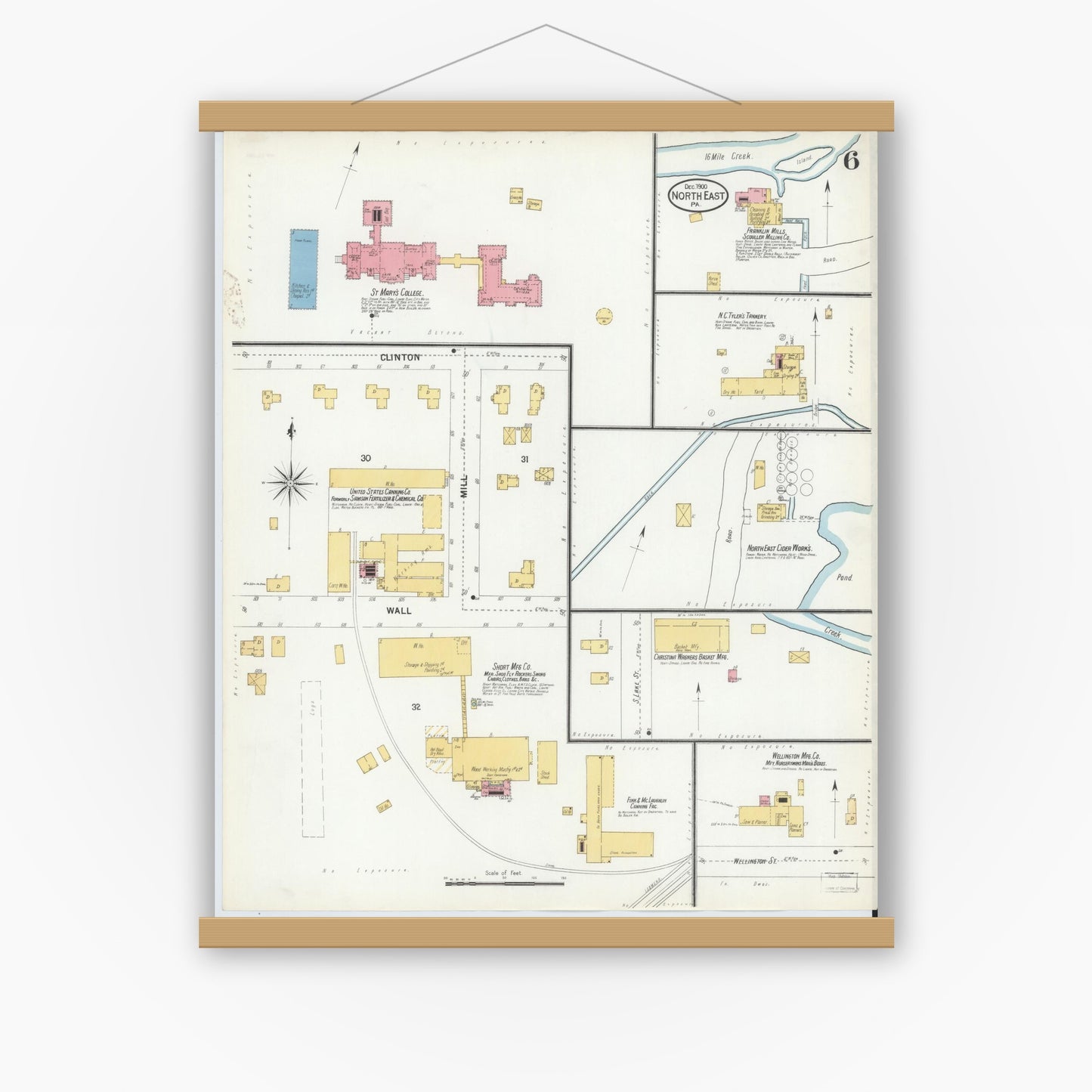 Old map wall art mockup — magnetic wood frame on white wall — Sanborn Fire Insurance Map from North East, Erie County, Pennsylvania (1900), Sheet #0006