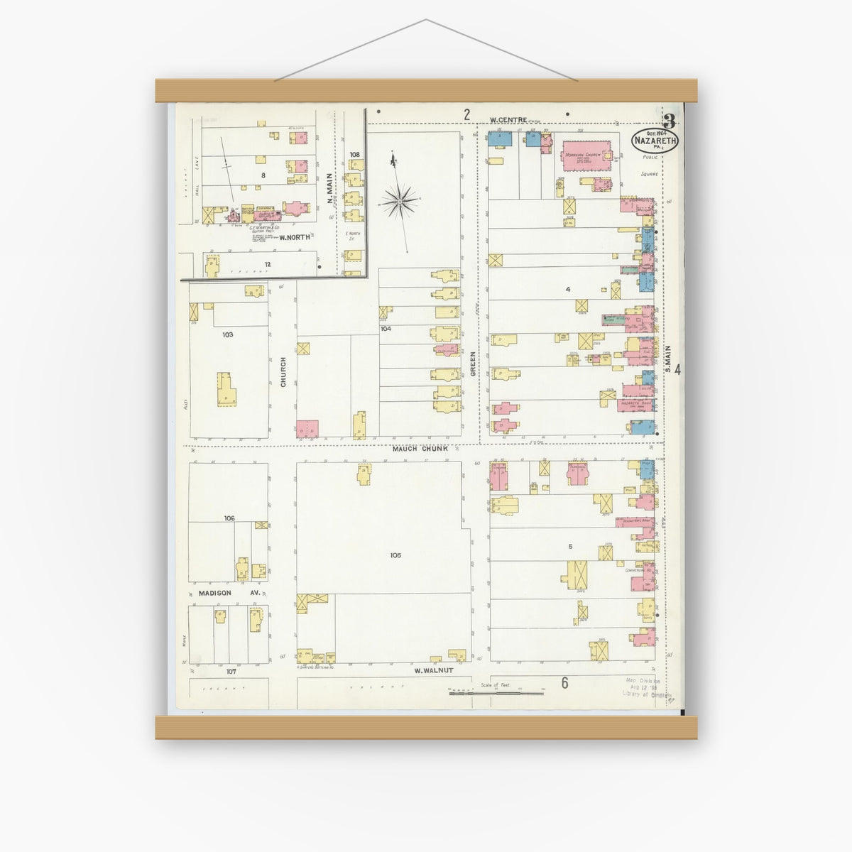 Old map wall art mockup — magnetic wood frame on white wall — Sanborn Fire Insurance Map from Nazareth, Northampton County, Pennsylvania (1904), Sheet #0003